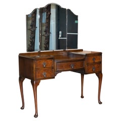1930's Burr Walnut Maple & Co Dressing Table Trifold Mirrors Part of Large Suite
