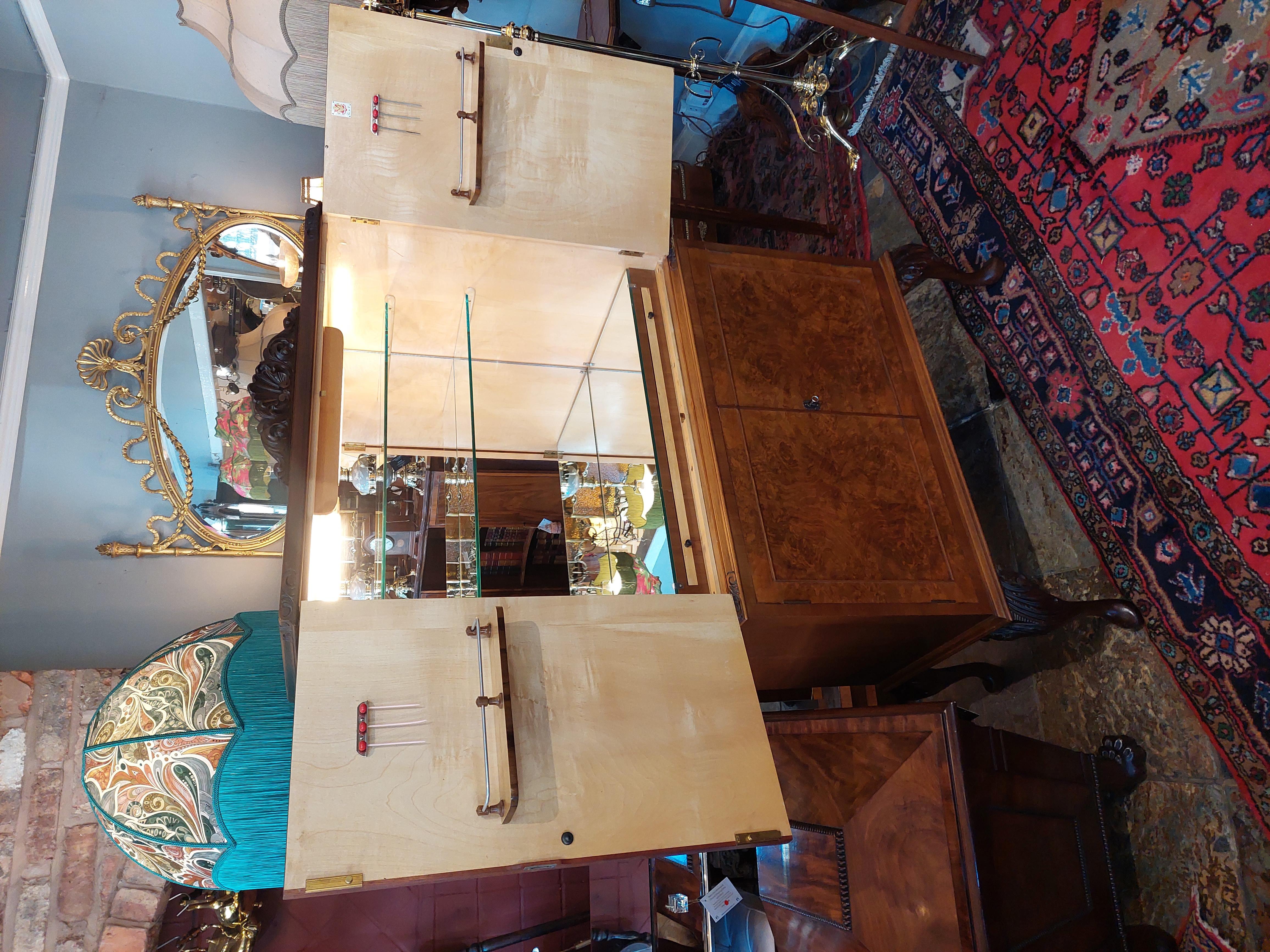 1930's  Burr Walnut Veneered Cocktail Drinks Cabinet by G&F Golden Feather Products in Queen Anne Style with Cabriole Legs 32