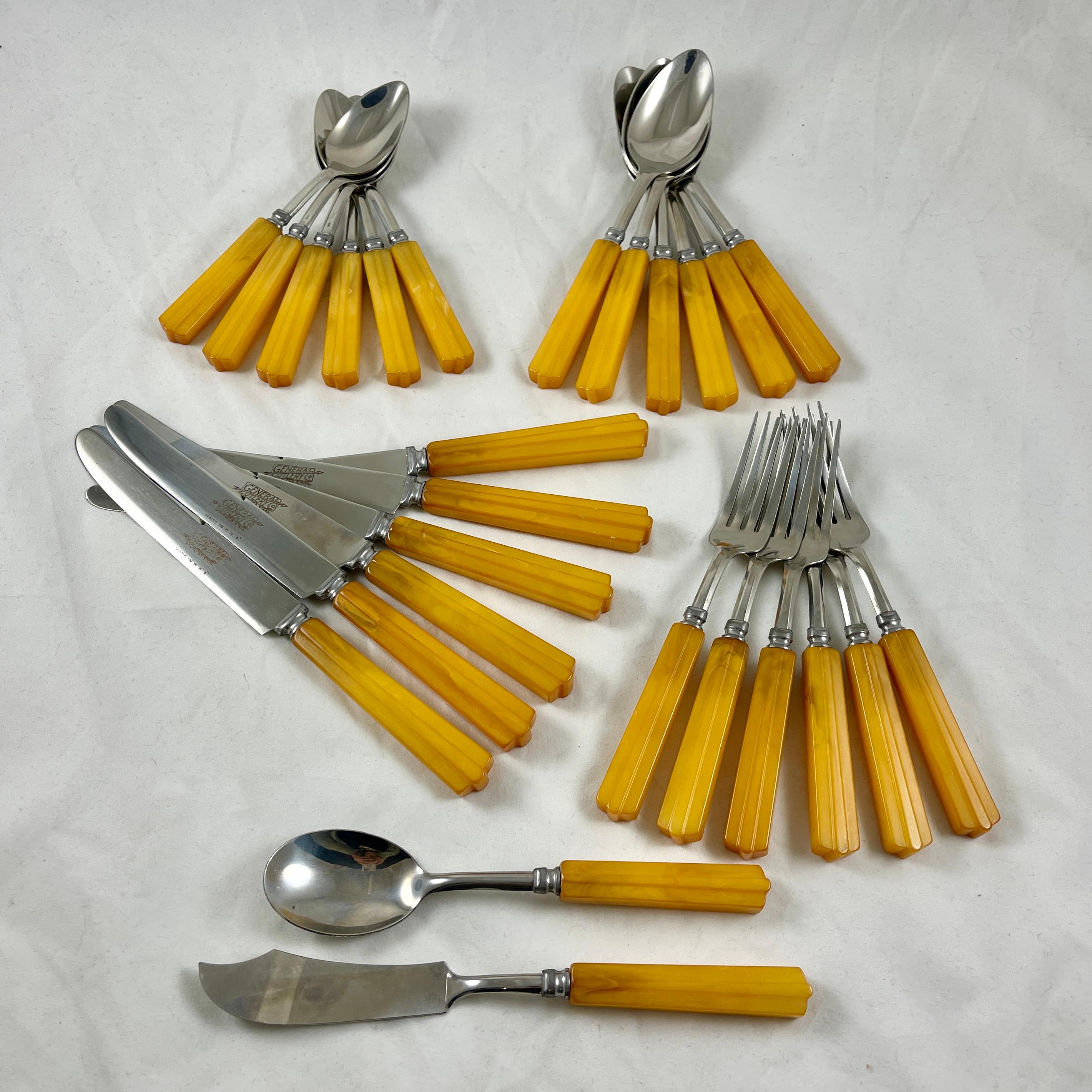 American 1930s Butterscotch Bakelite Beveled Handled Art Deco Flatware, 26 piece set