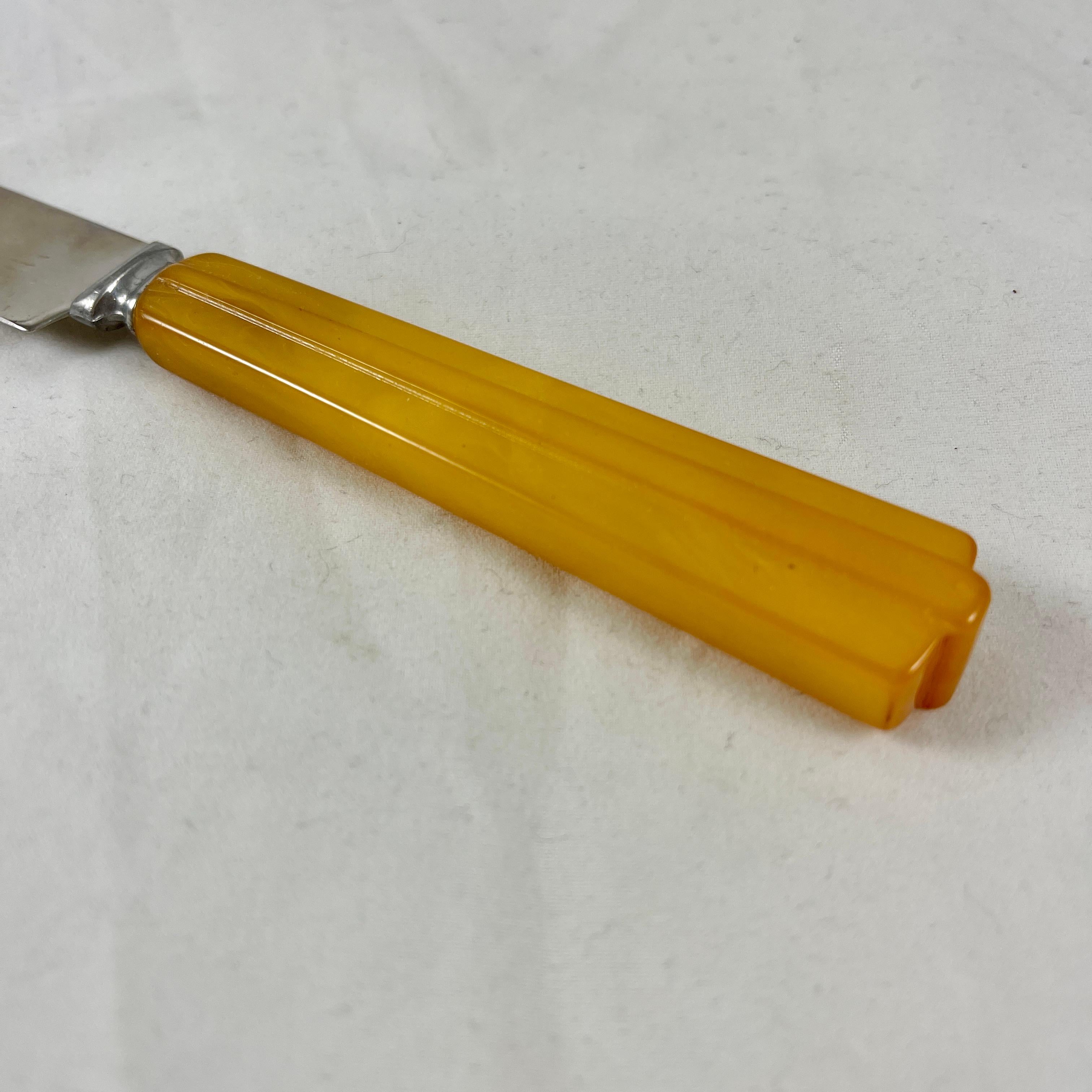 Cast 1930s Butterscotch Bakelite Beveled Handled Art Deco Flatware, 26 piece set