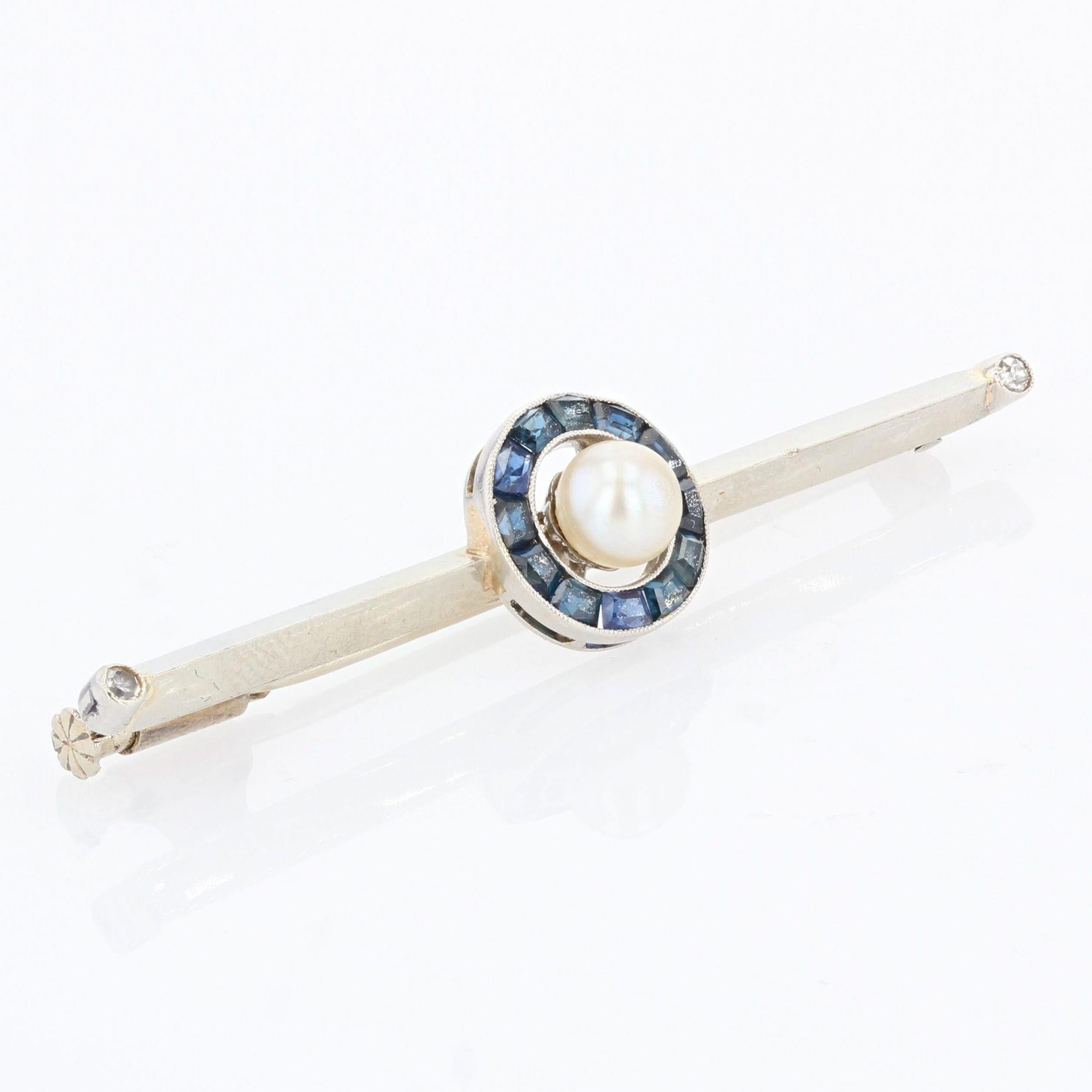 Bead 1930s Calibrated Sapphires Cultured Pearl 18 Karat White Gold Barrette Brooch For Sale