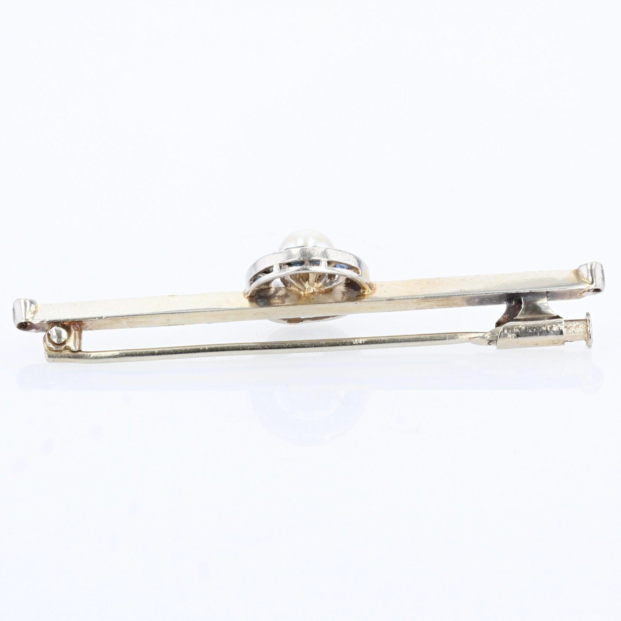 Women's 1930s Calibrated Sapphires Cultured Pearl 18 Karat White Gold Barrette Brooch For Sale