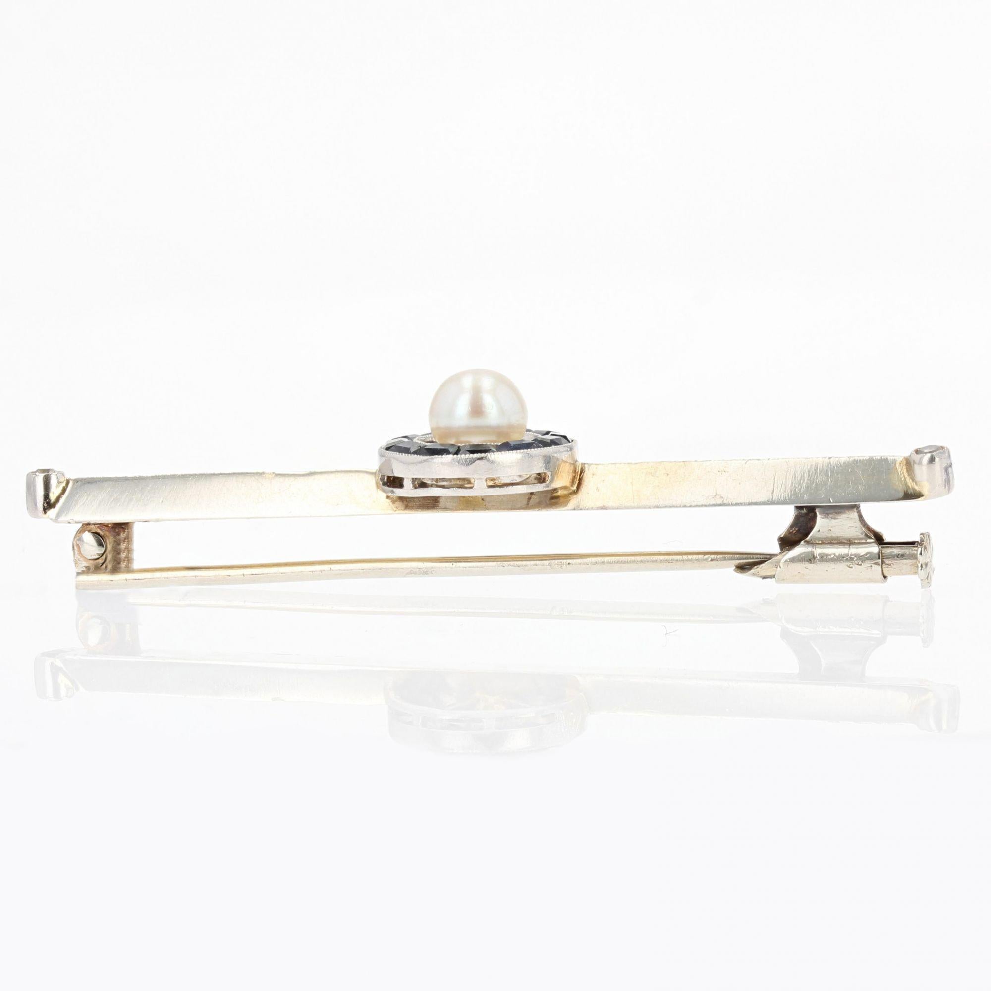 1930s Calibrated Sapphires Cultured Pearl 18 Karat White Gold Barrette Brooch For Sale 1