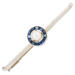 1930s Calibrated Sapphires Cultured Pearl 18 Karat White Gold Barrette Brooch