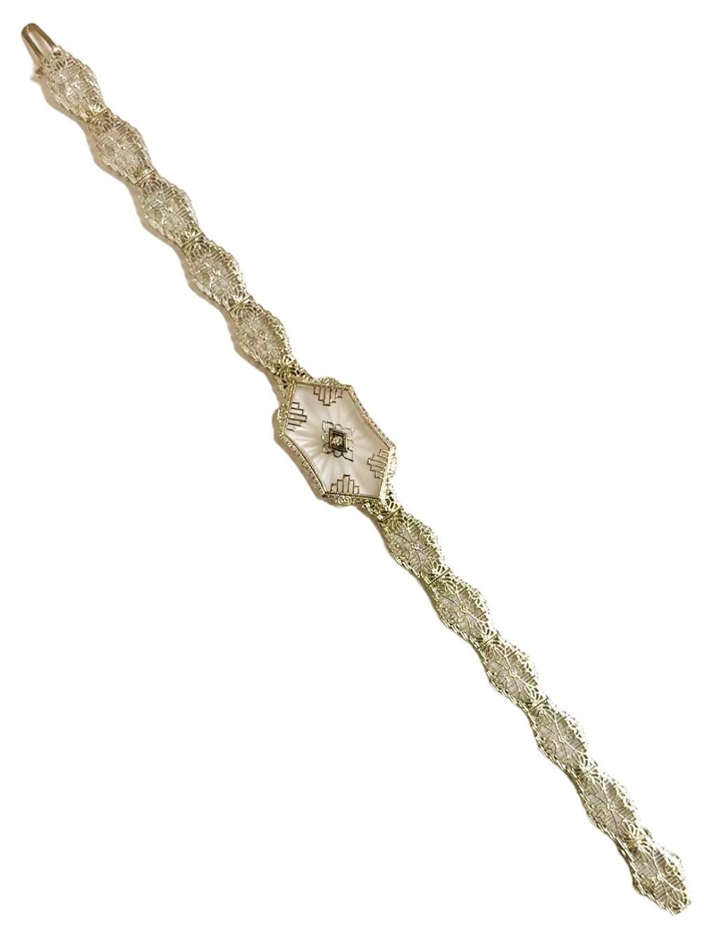 1930s Camphor Glass Diamond 14 Karat White Gold Bracelet. Measuring 7
