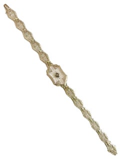 1930s Camphor Glass Diamond 14 Karat White Gold Bracelet 7"