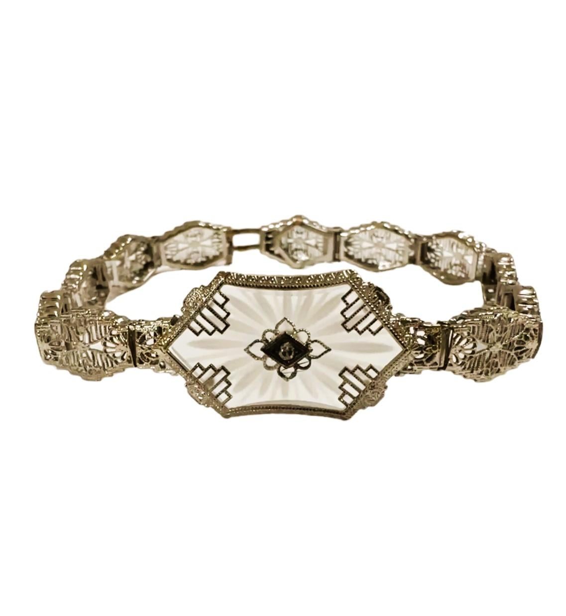 Art Deco 1930s Camphor Glass Diamond 14 Karat White Gold Bracelet 7