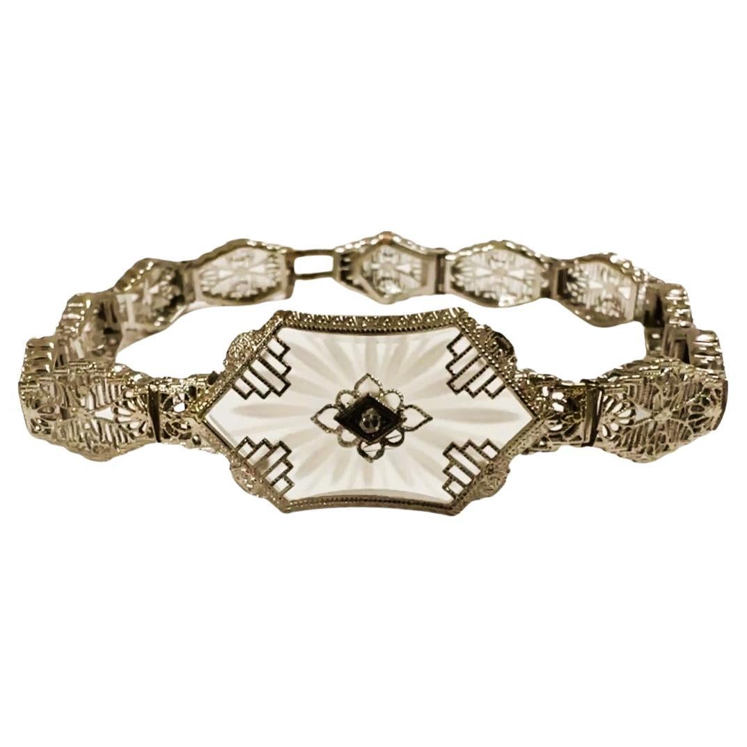 1930s Camphor Glass Diamond 14 Karat White Gold Bracelet 7"