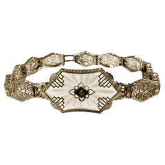 1930s Camphor Glass Diamond 14 Karat White Gold Bracelet 7"