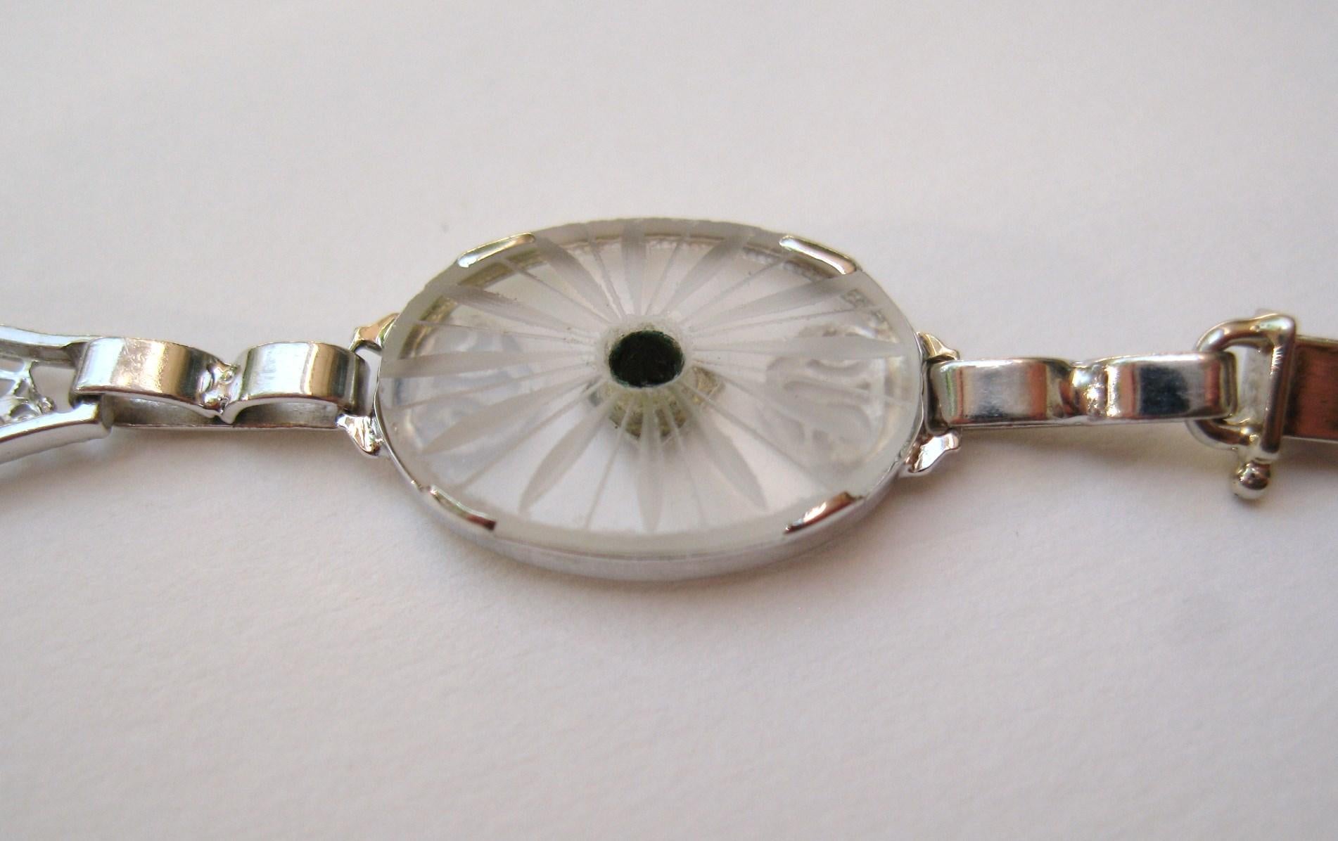 1930s Camphor Glass Diamond 14 Karat White Gold Bracelet For Sale 4