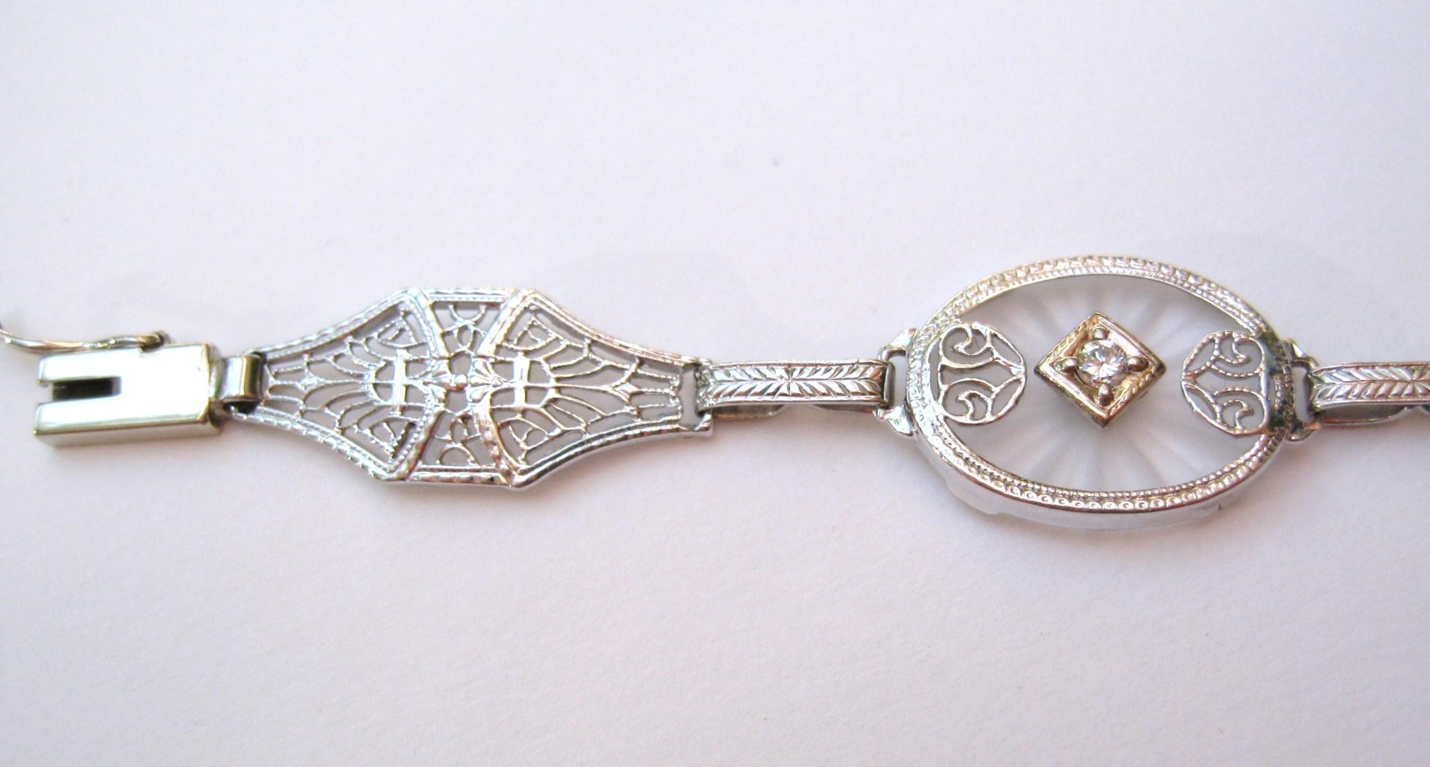 Art Deco 1930s Camphor Glass Diamond 14 Karat White Gold Bracelet For Sale