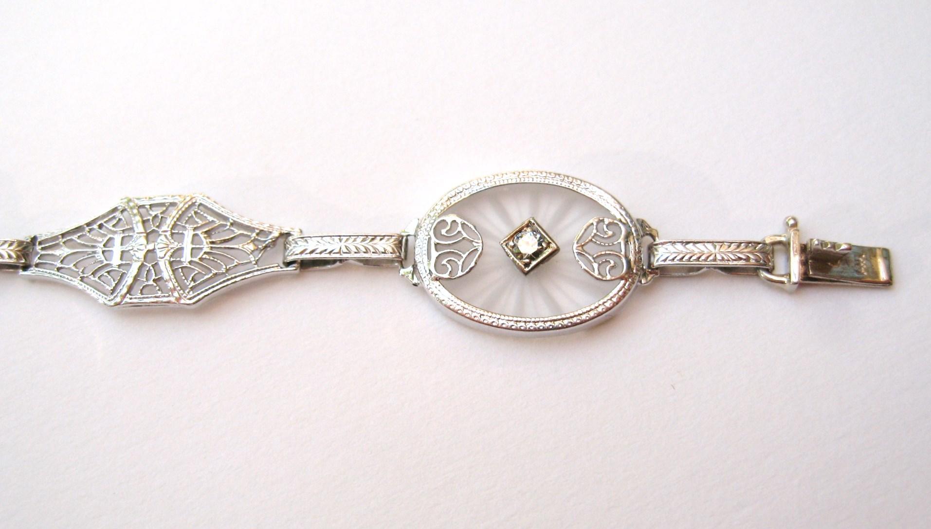 1930s Camphor Glass Diamond 14 Karat White Gold Bracelet In Good Condition For Sale In Wallkill, NY