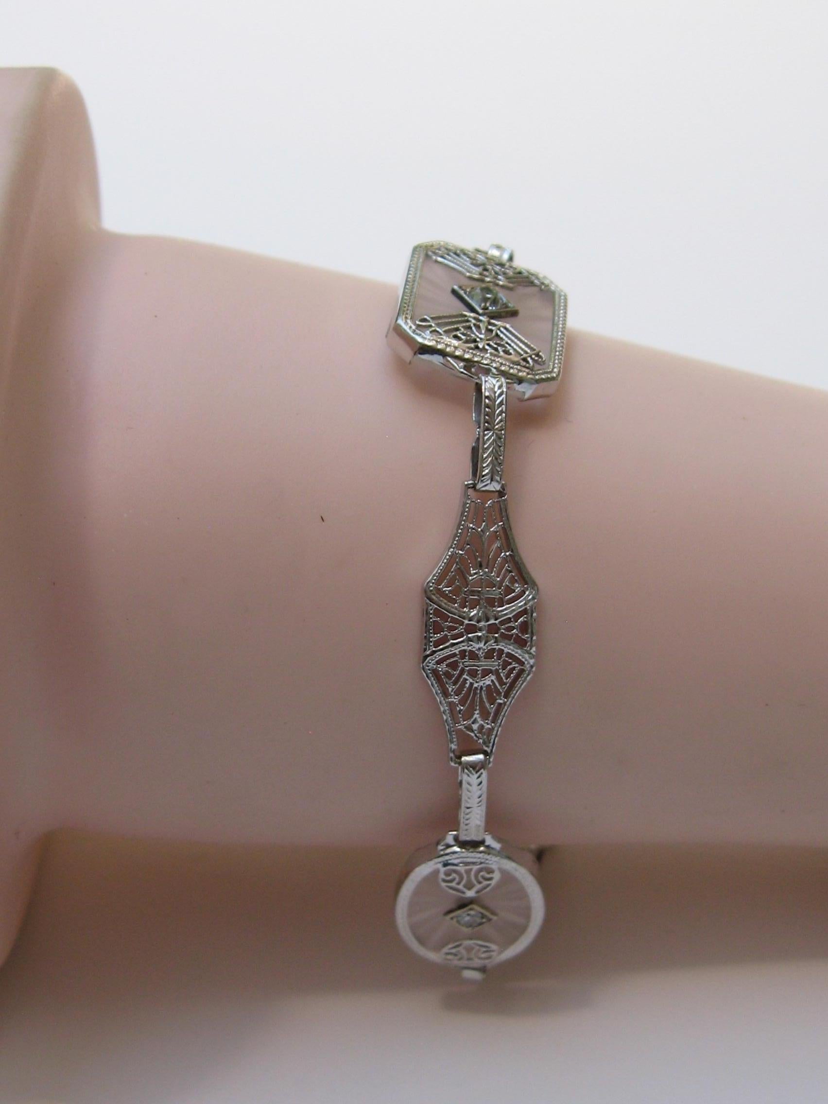 Women's 1930s Camphor Glass Diamond 14 Karat White Gold Bracelet For Sale