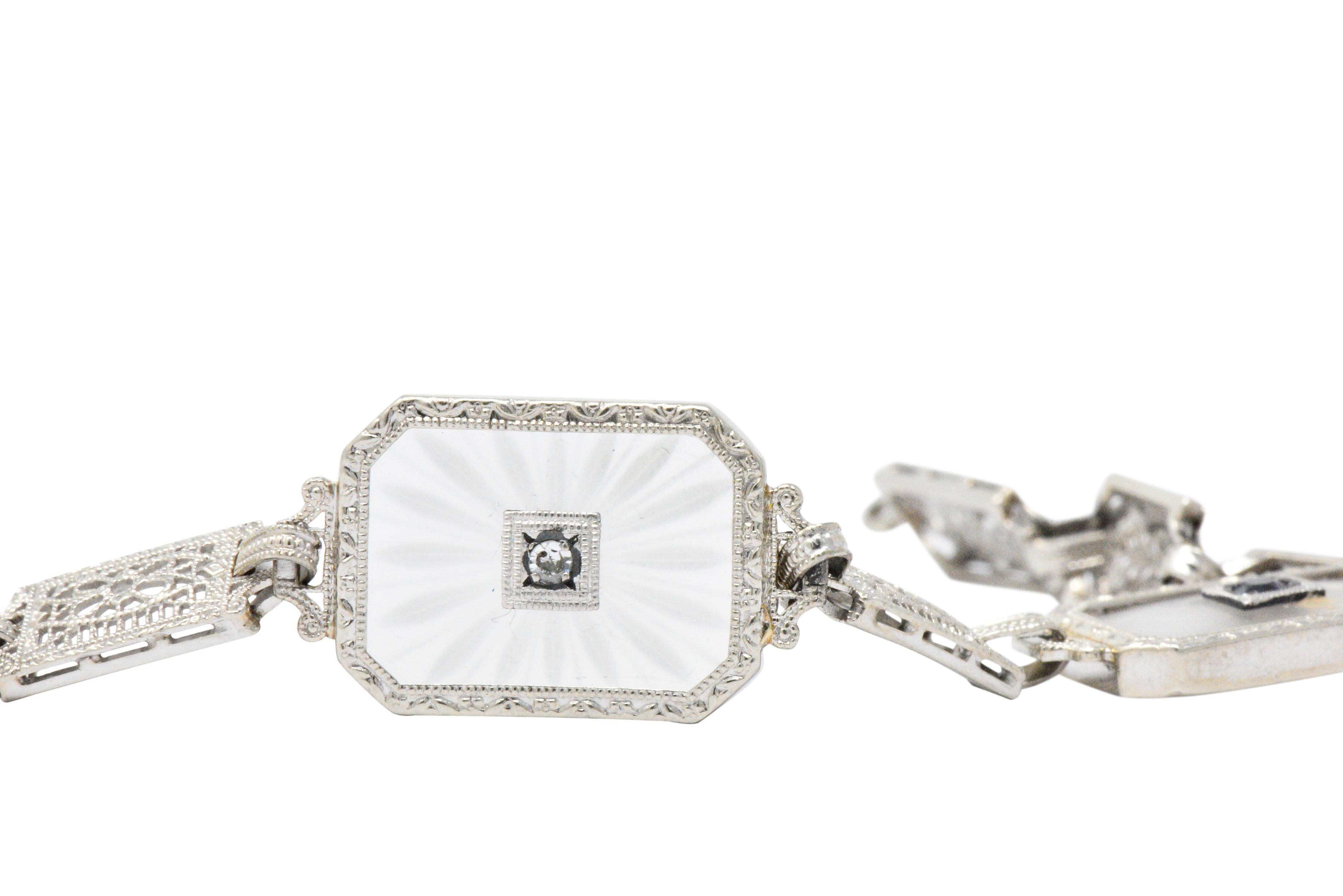 Art Deco 1930s Camphor Glass Diamond Sapphire 14 Karat White Gold Bracelet