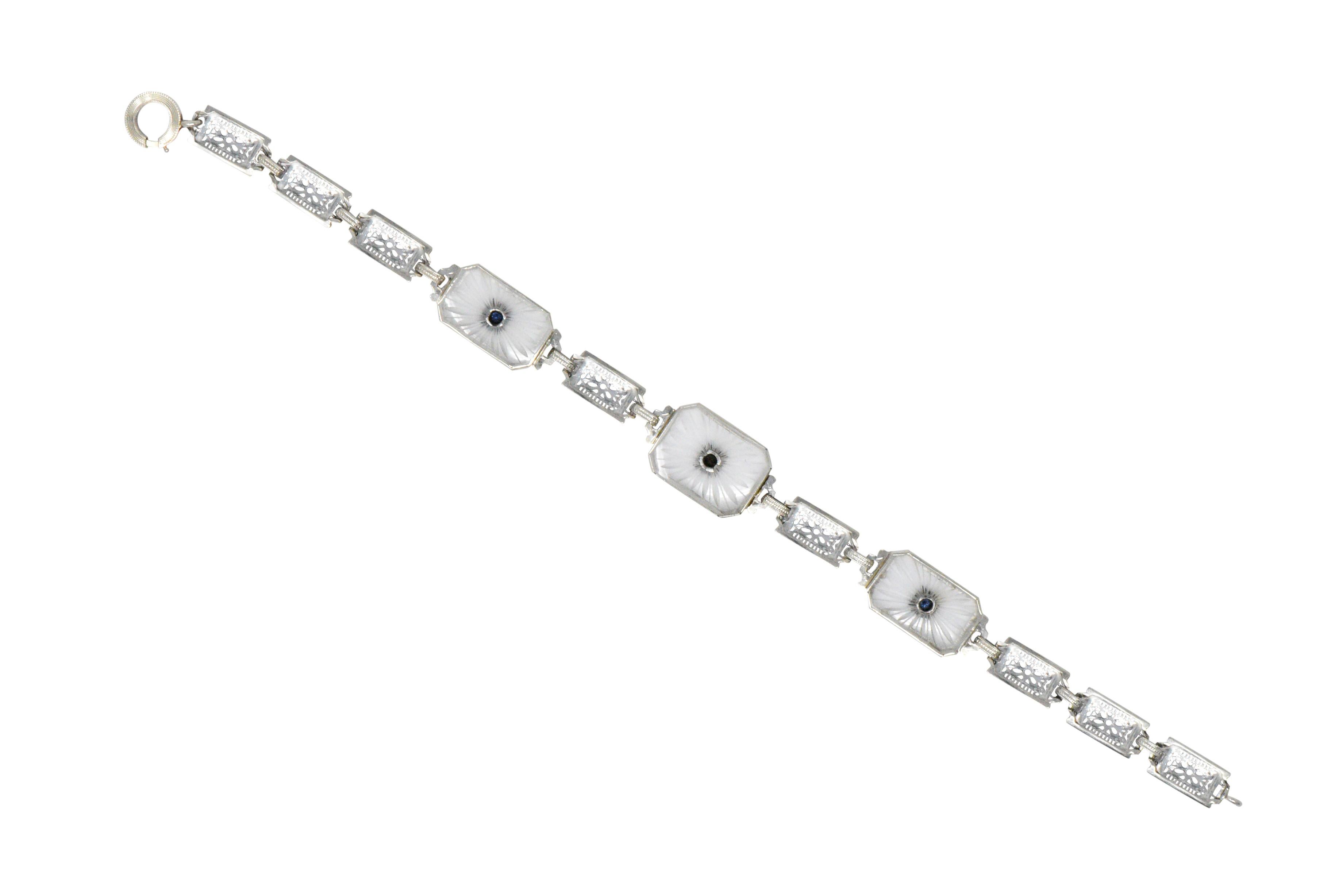 1930s Camphor Glass Diamond Sapphire 14 Karat White Gold Bracelet In Good Condition In Philadelphia, PA