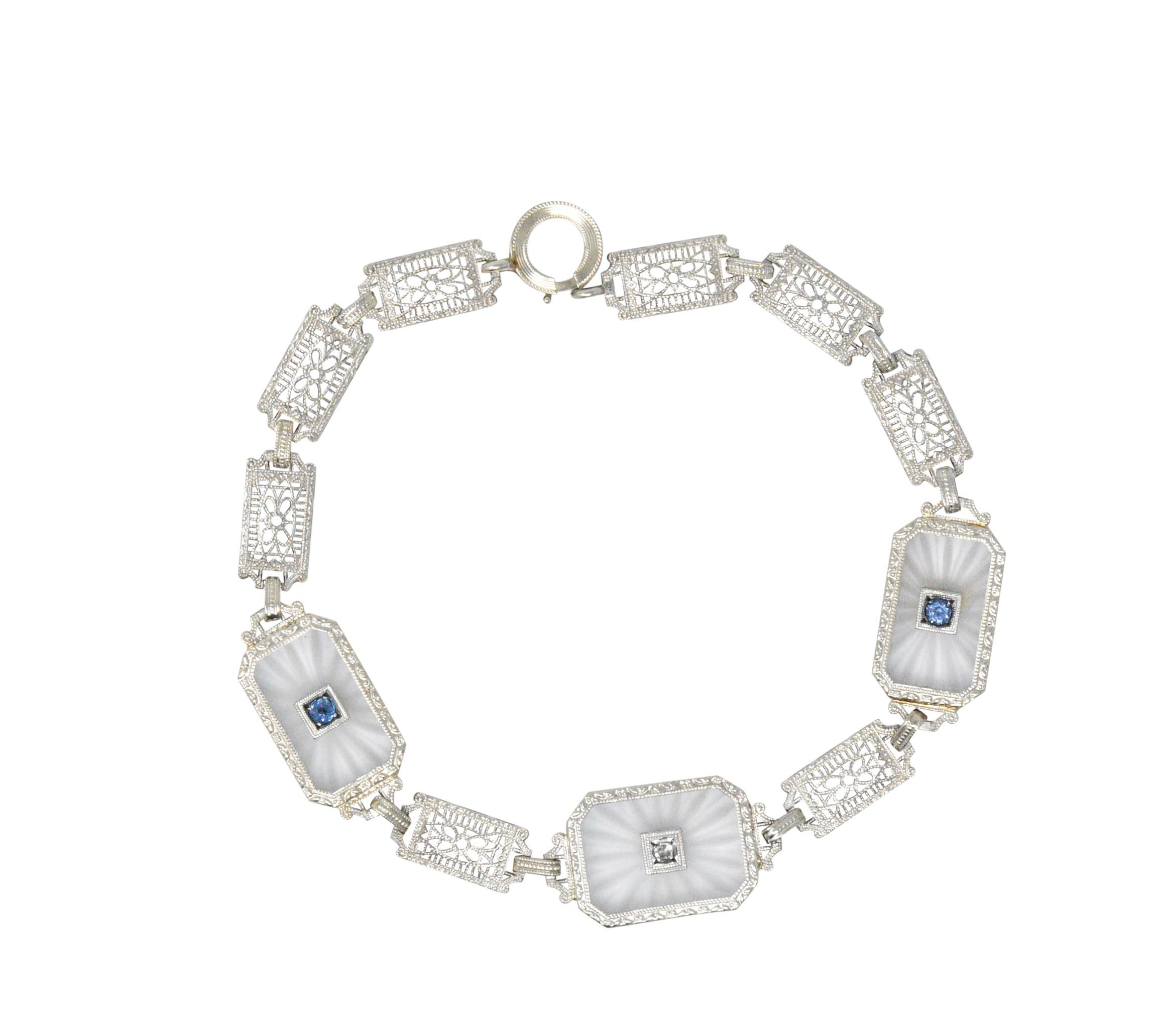 Women's or Men's 1930s Camphor Glass Diamond Sapphire 14 Karat White Gold Bracelet