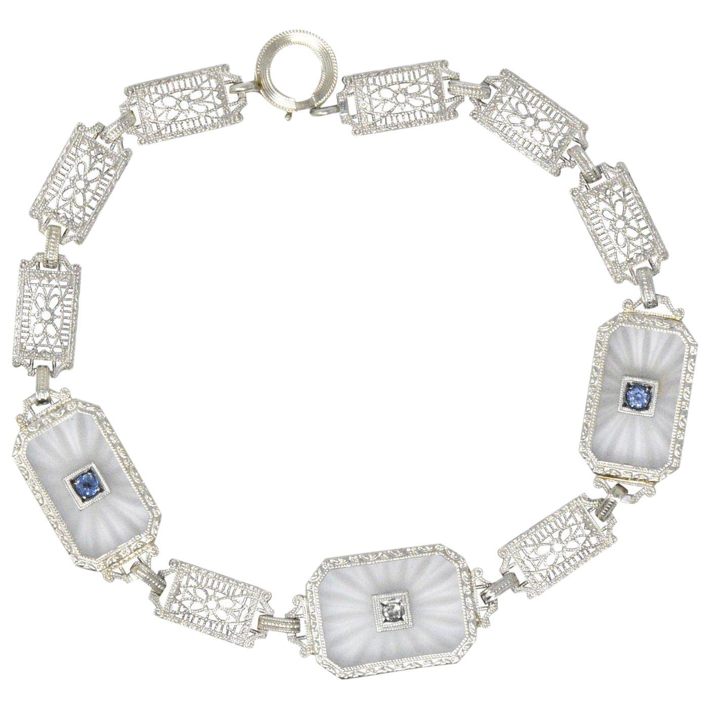 1930s Camphor Glass Diamond Sapphire 14 Karat White Gold Bracelet