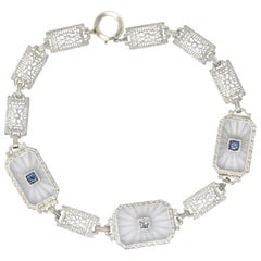 Vintage 1930s Camphor Glass Diamond Sapphire 14 Karat White Gold Bracelet