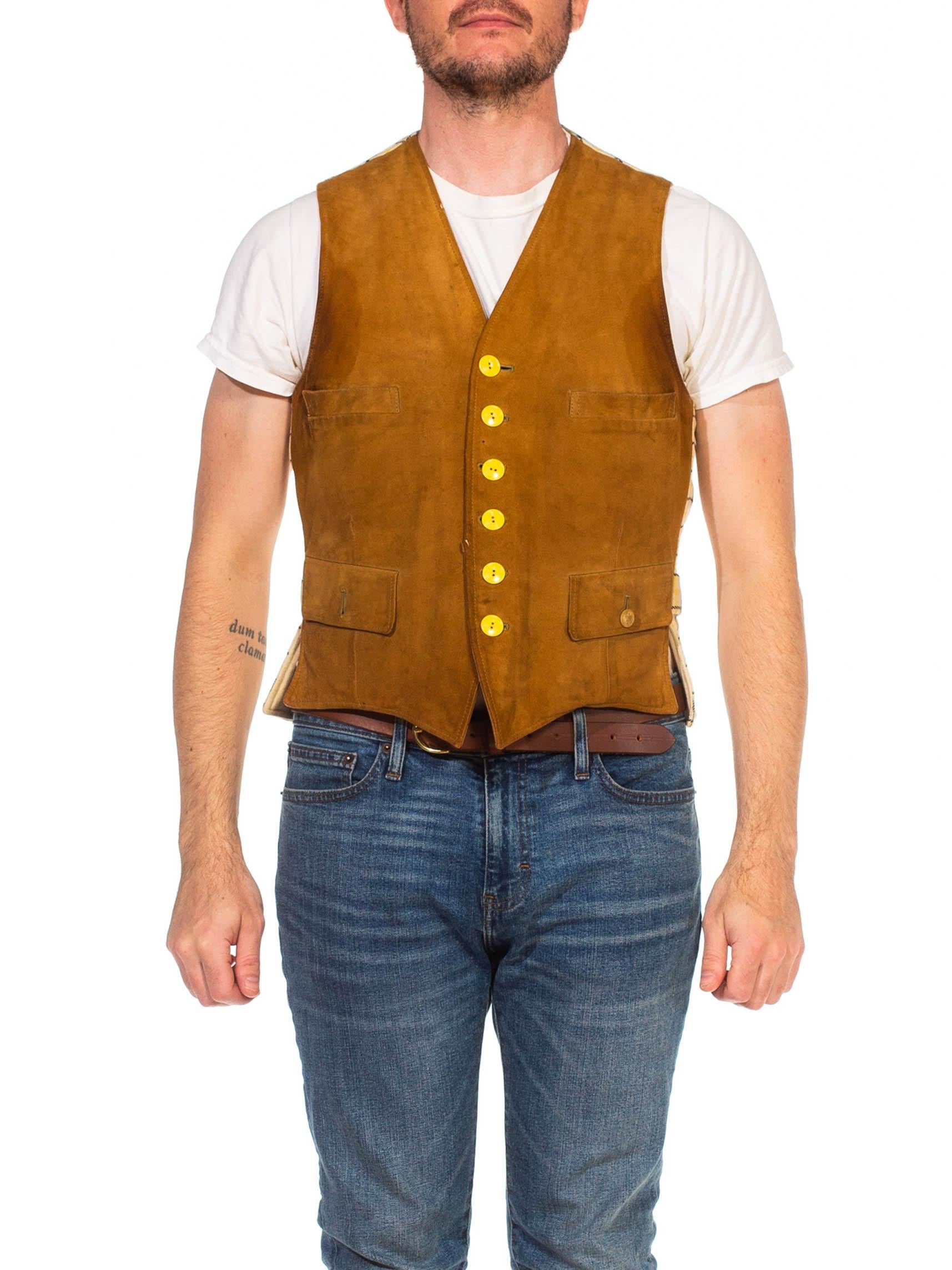 Very old and has signs of patina and age 1930S Caramel Brown Suede & Wool Men's Vest
