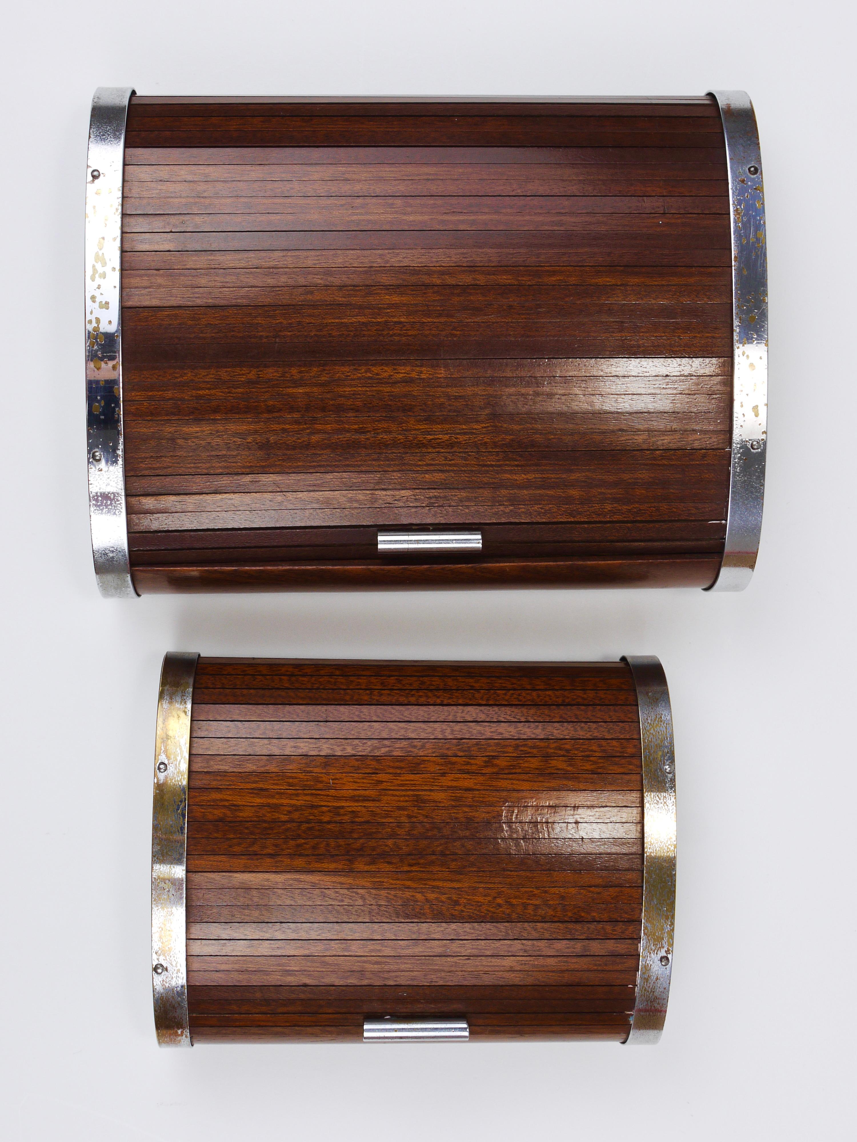 A rare, curved and large Art Deco storage box, jewelry box, or cigarette dispenser featuring a roll-top lid with a small brass handle, dating from the 1930s. This is an early design by Carl Auböck I, crafted in the 1930s by Werkstätten Auböck in