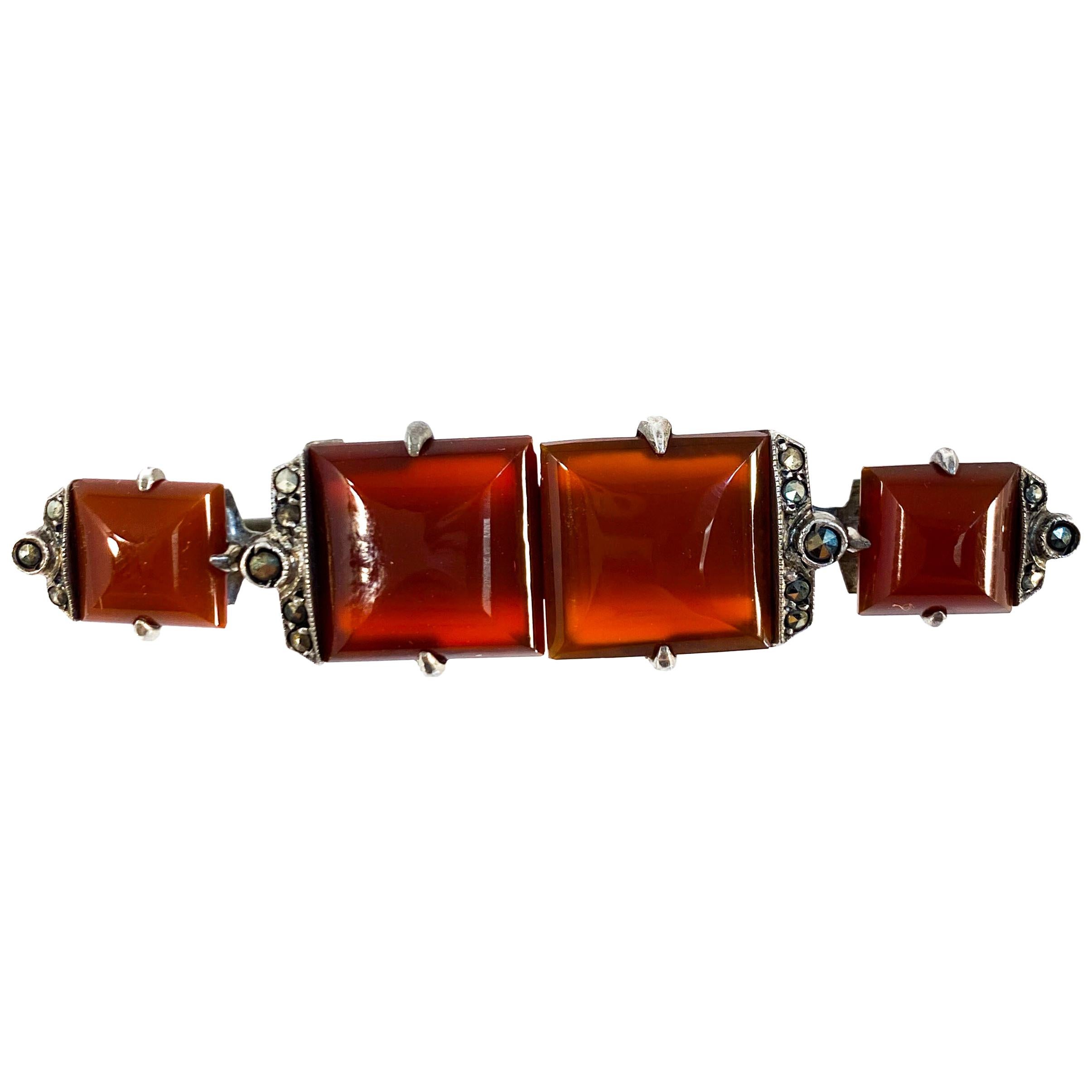 1930s Carnelian Marcasite and Sterling Silver Pin