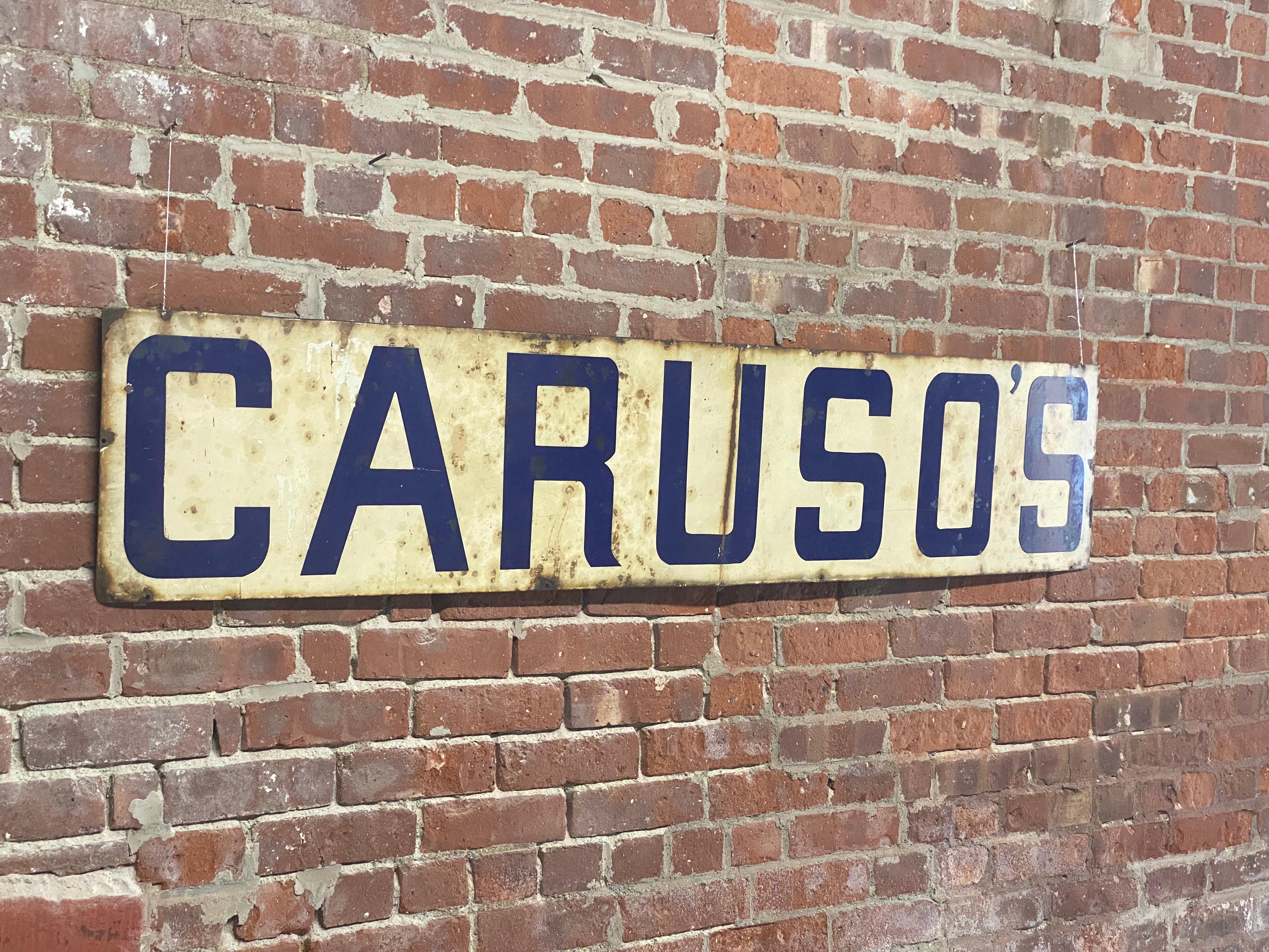 Industrial 1930s Caruso's Old New York Restaurant Enamel Sign For Sale
