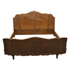 1930s Carved Dark Tone Walnut and Cane Art Deco King Size Bed Wood Frame