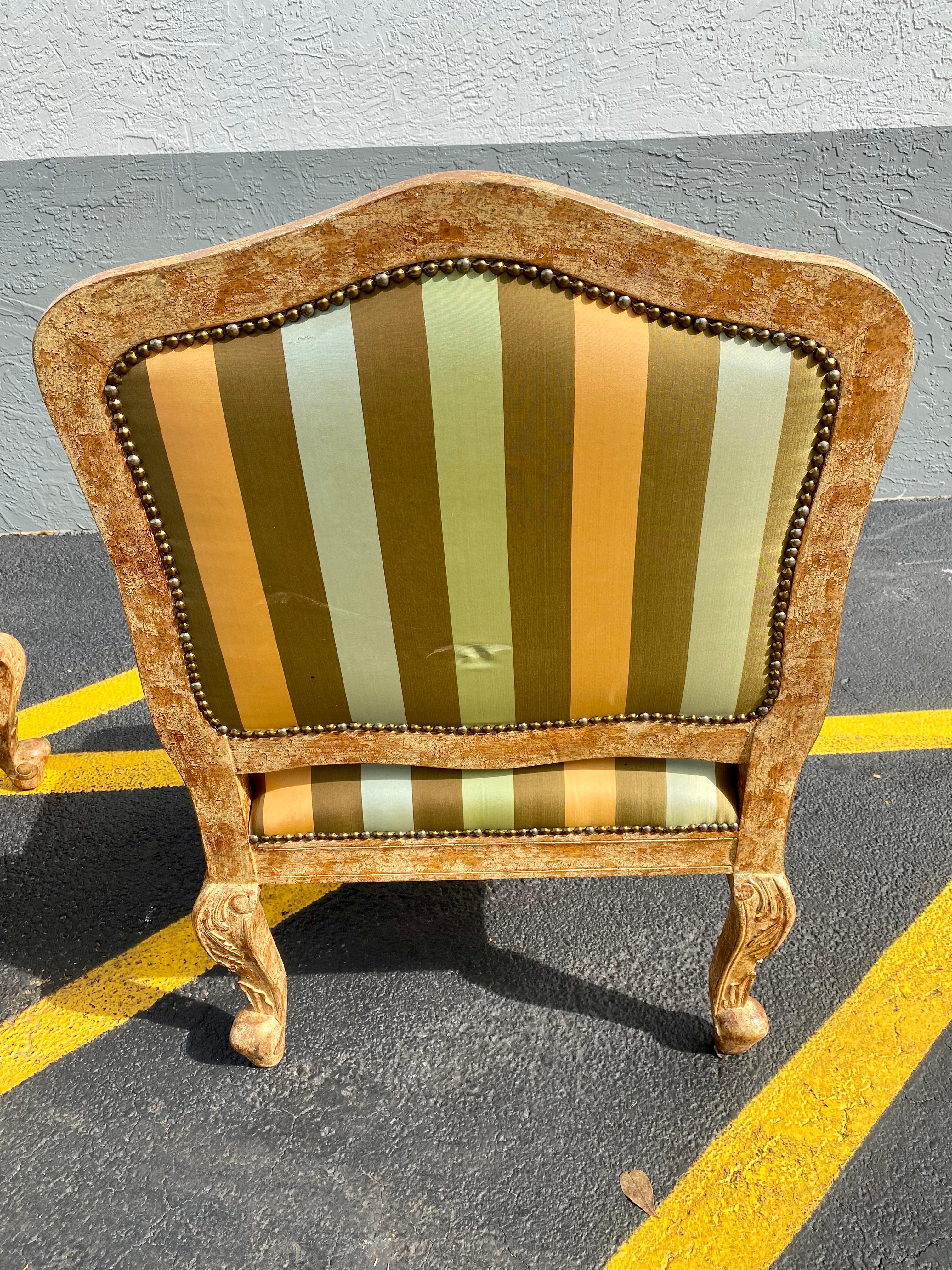 French Carved Gilt Wood Green Gold  Stripes Bergere Library Chairs, Set of 2 For Sale 4
