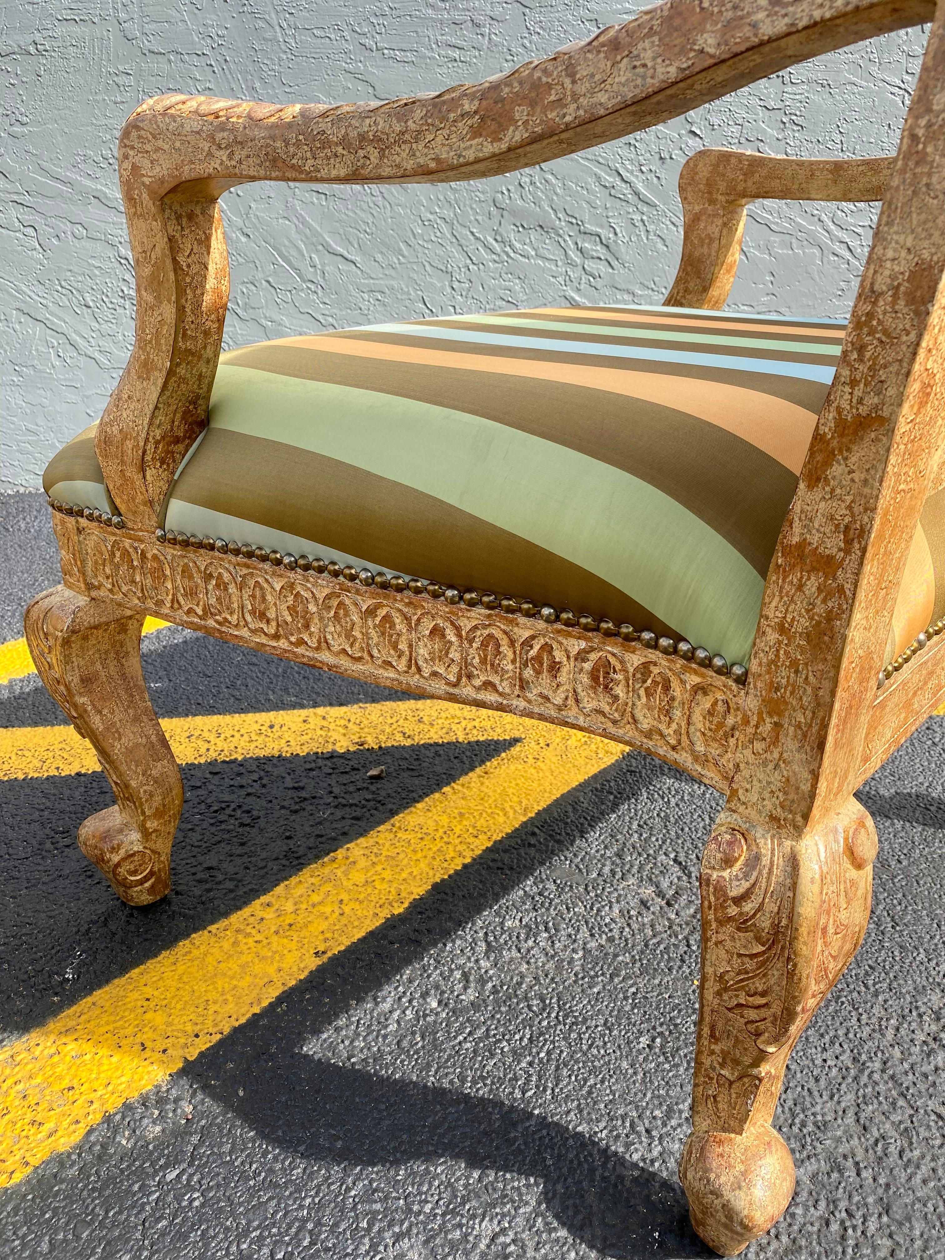 French Carved Gilt Wood Green Gold  Stripes Bergere Library Chairs, Set of 2 For Sale 5