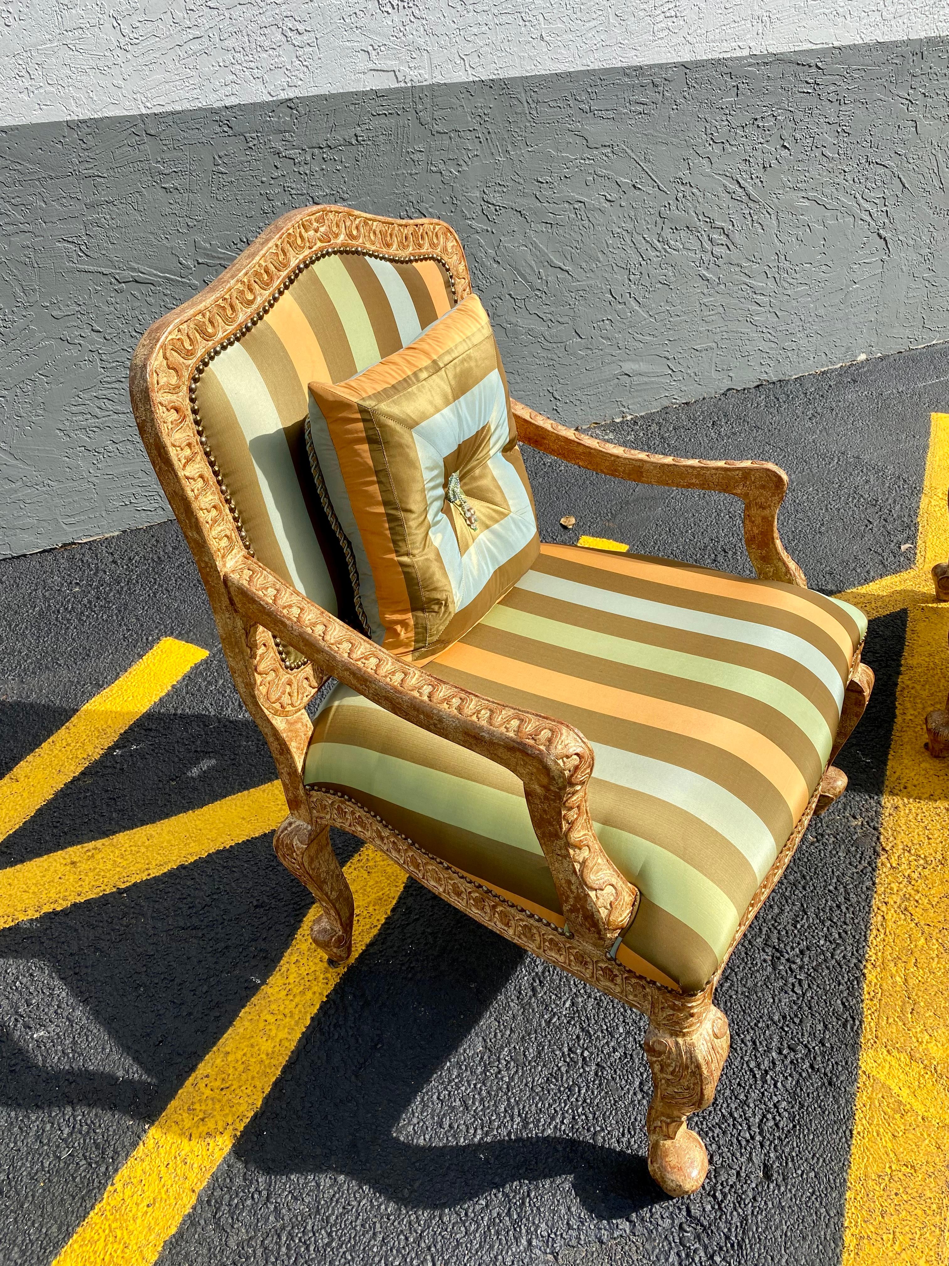 French Carved Gilt Wood Green Gold  Stripes Bergere Library Chairs, Set of 2 For Sale 6