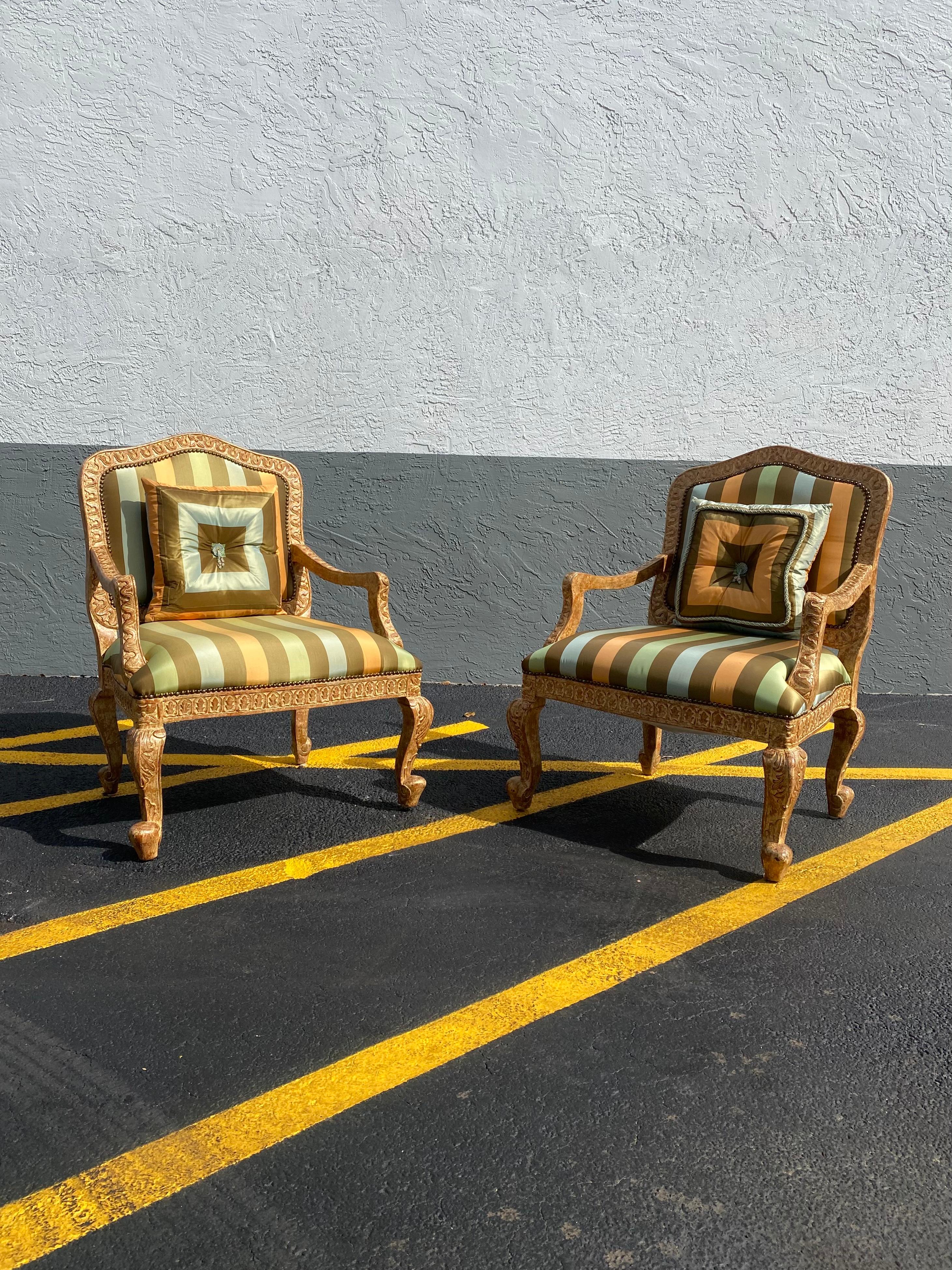 French Carved Gilt Wood Green Gold  Stripes Bergere Library Chairs, Set of 2 For Sale 7