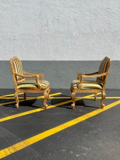 French Carved Gilt Wood Green Gold  Stripes Bergere Library Chairs, Set of 2