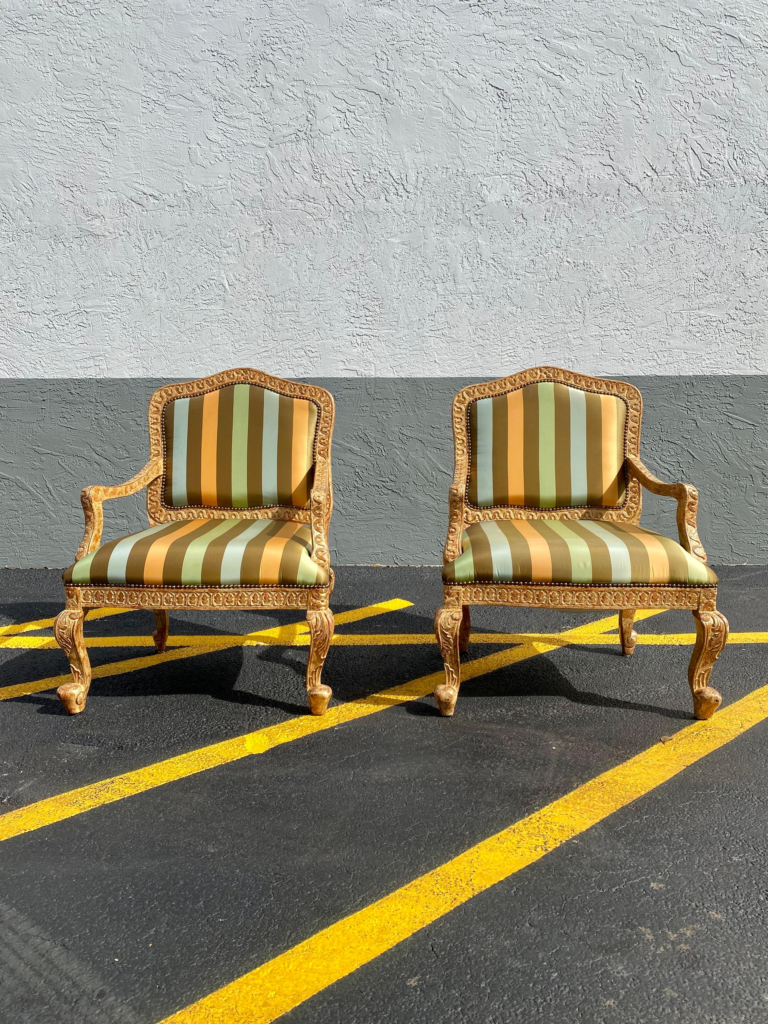 Art Deco French Carved Gilt Wood Green Gold  Stripes Bergere Library Chairs, Set of 2 For Sale