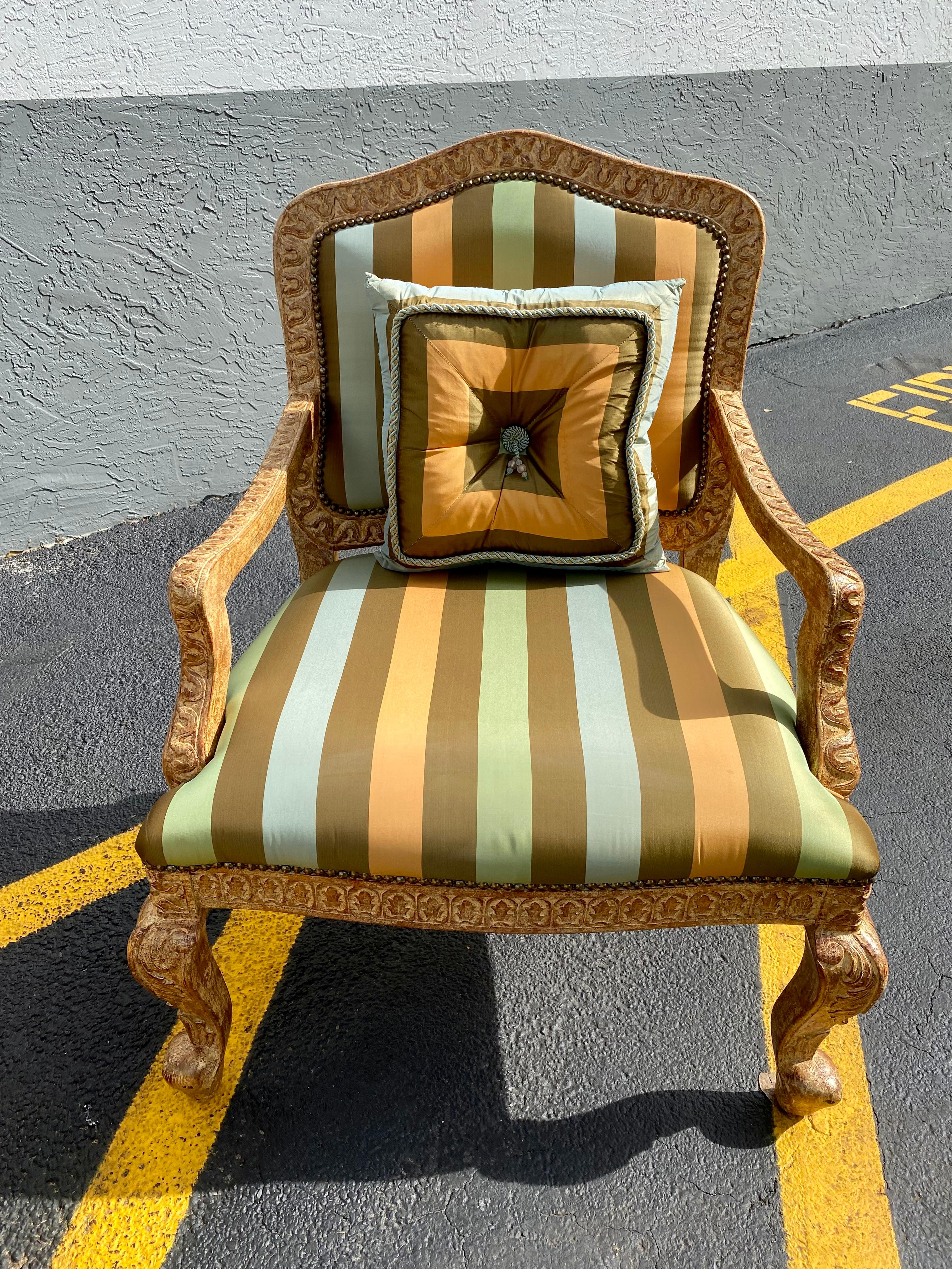 Mid-20th Century French Carved Gilt Wood Green Gold  Stripes Bergere Library Chairs, Set of 2 For Sale