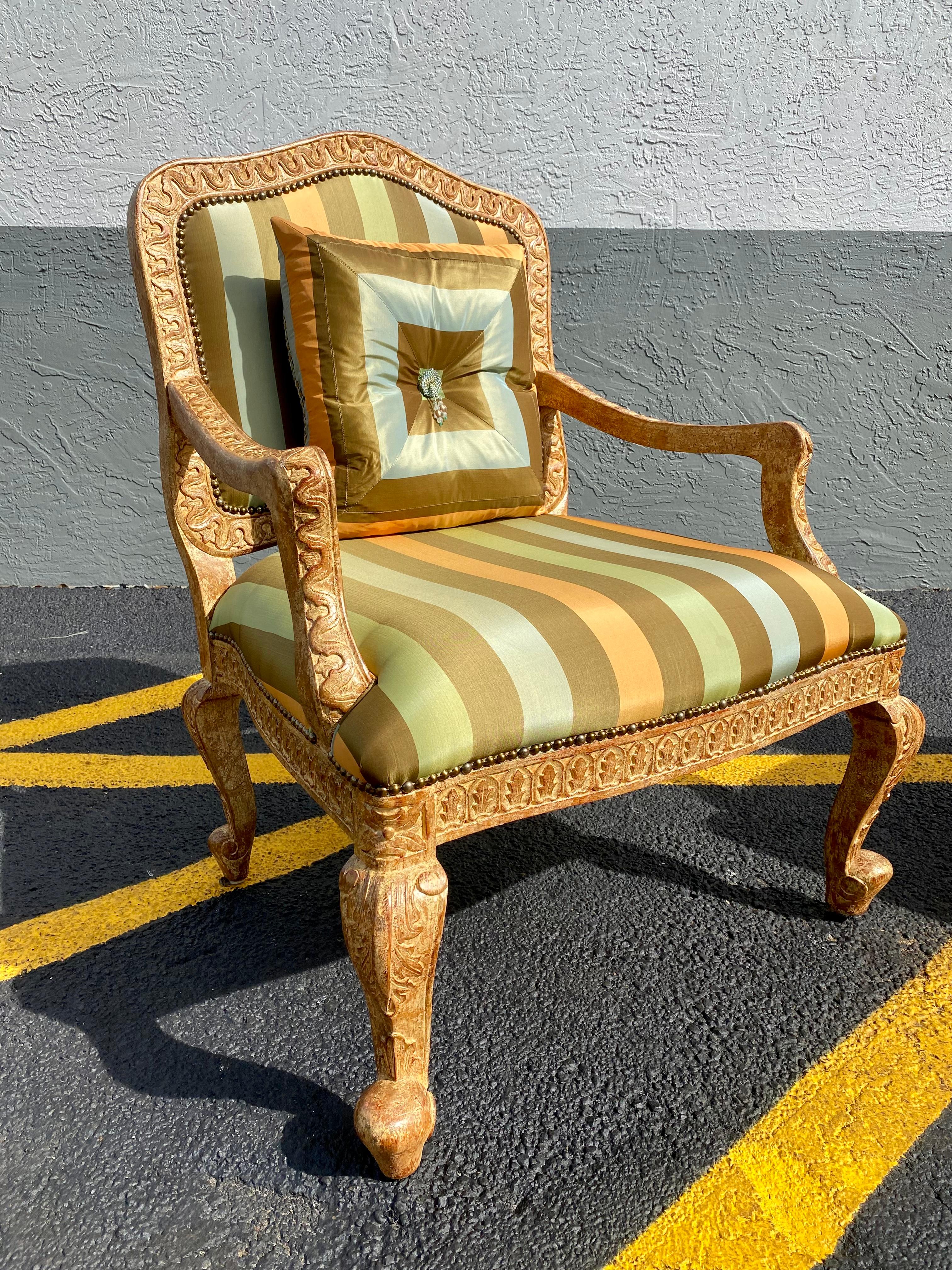Upholstery French Carved Gilt Wood Green Gold  Stripes Bergere Library Chairs, Set of 2 For Sale