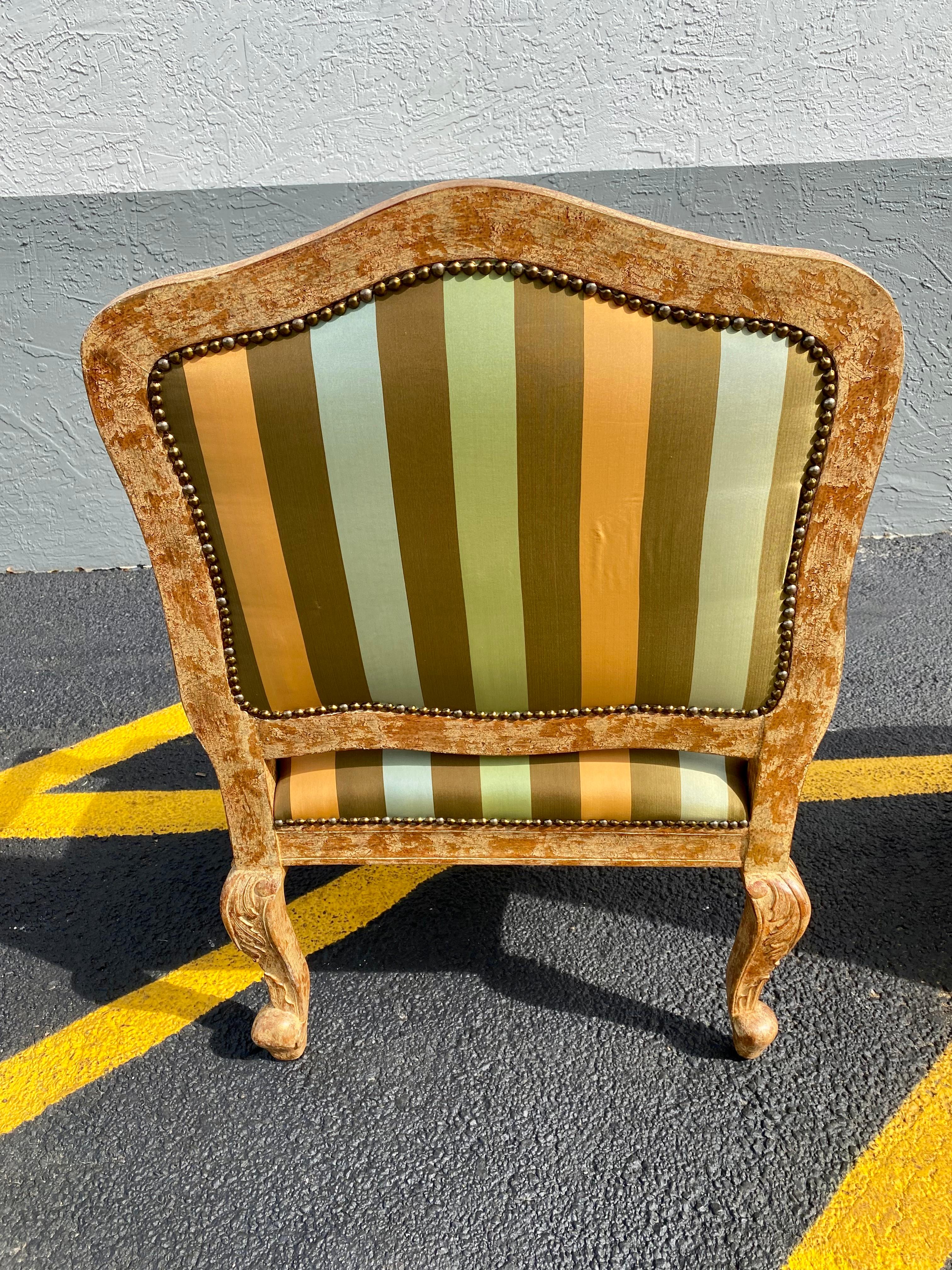 French Carved Gilt Wood Green Gold  Stripes Bergere Library Chairs, Set of 2 For Sale 2