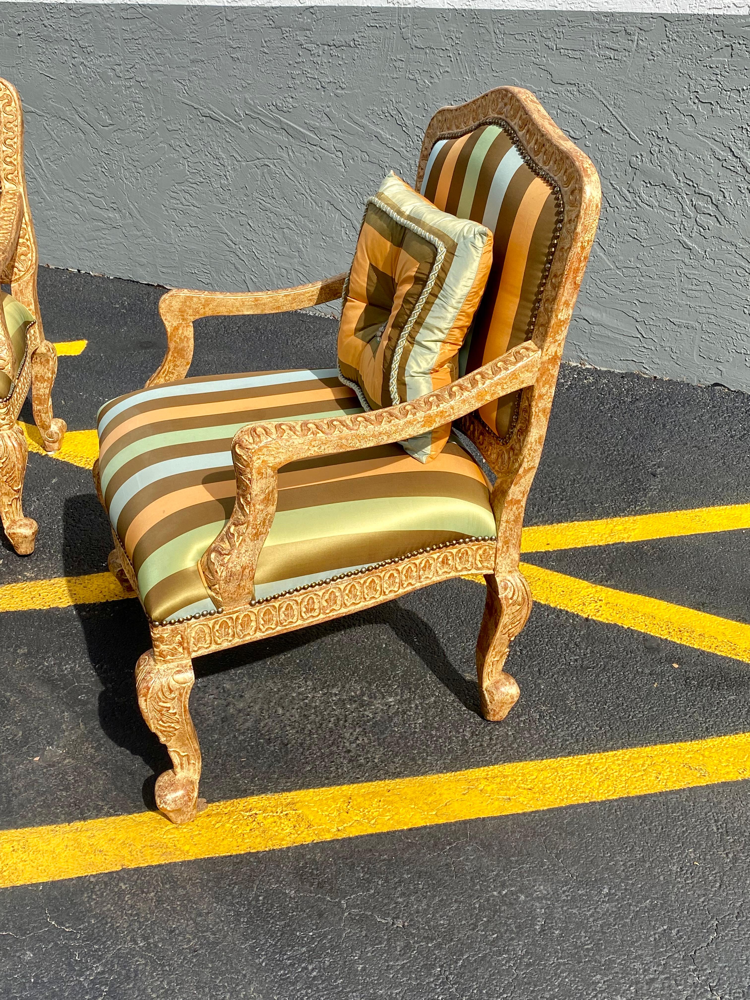French Carved Gilt Wood Green Gold  Stripes Bergere Library Chairs, Set of 2 For Sale 3