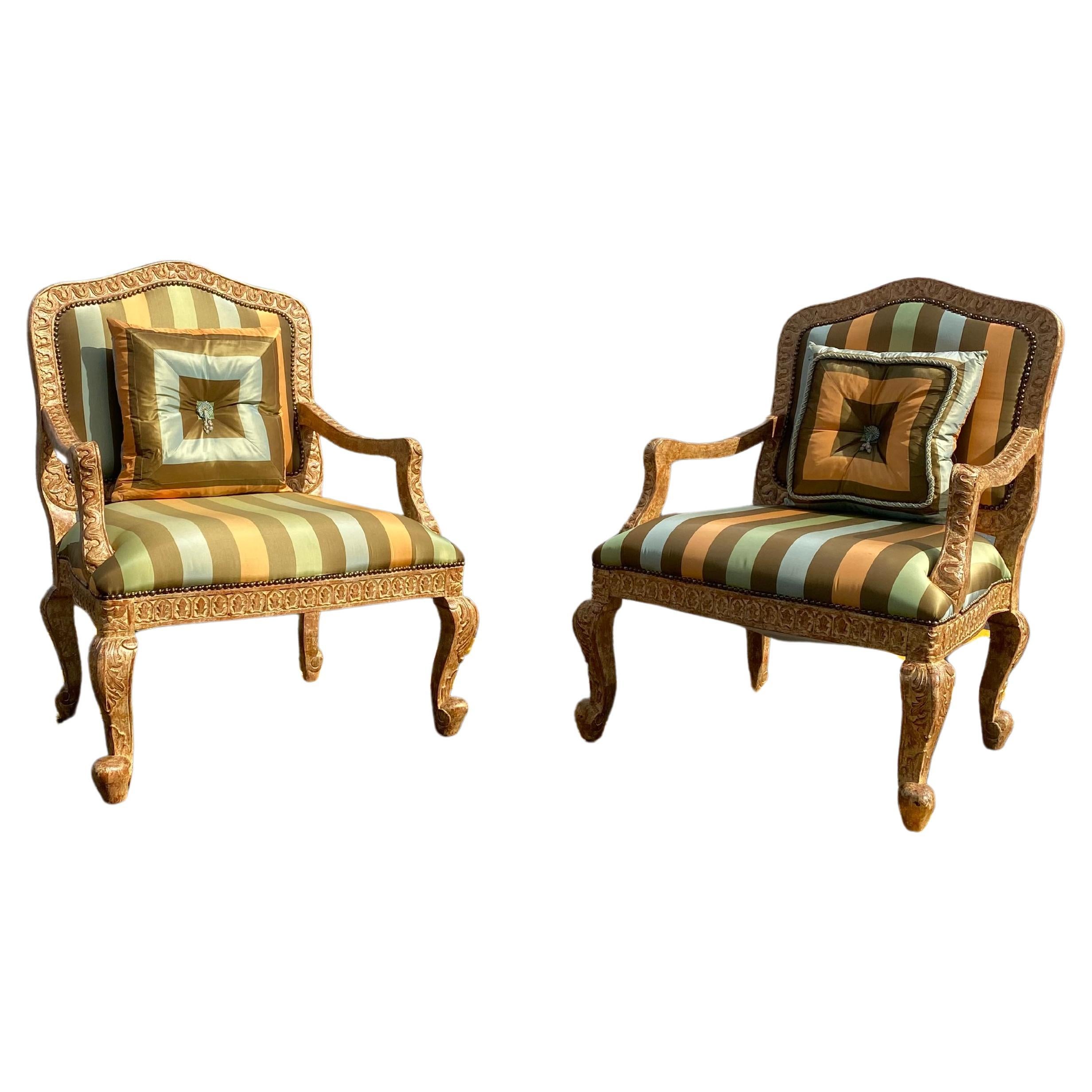 French Carved Gilt Wood Green Gold  Stripes Bergere Library Chairs, Set of 2 For Sale