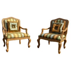 Vintage French Carved Gilt Wood Green Gold  Stripes Bergere Library Chairs, Set of 2