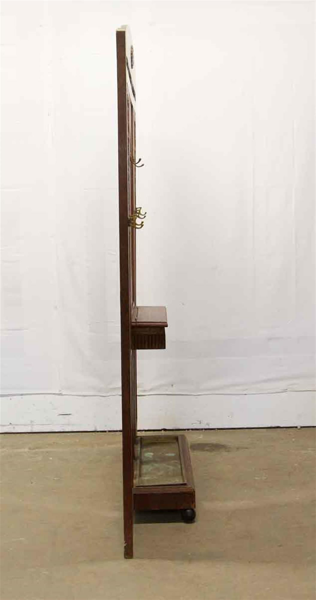 1930s Carved Oak Art Deco Hall Tree with Beveled Oval Mirror and Umbrella Stand 1
