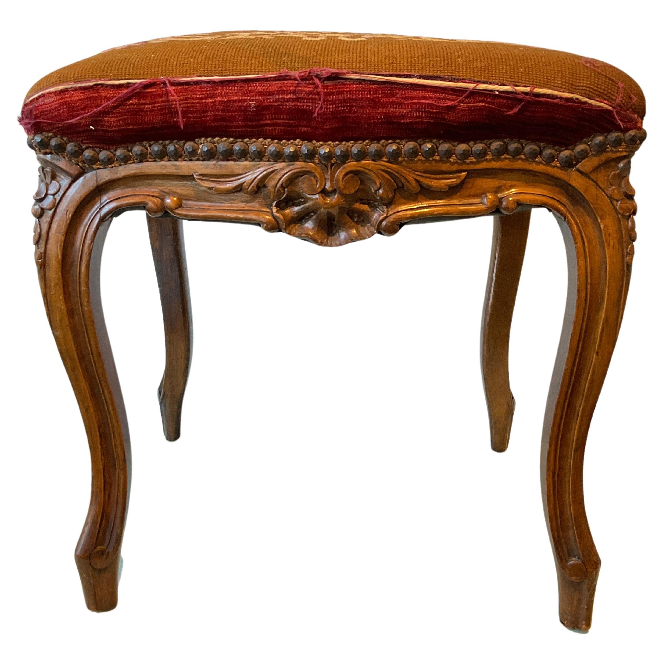1930s Carved Wood French Footstool With Cabriolet Legs For Sale