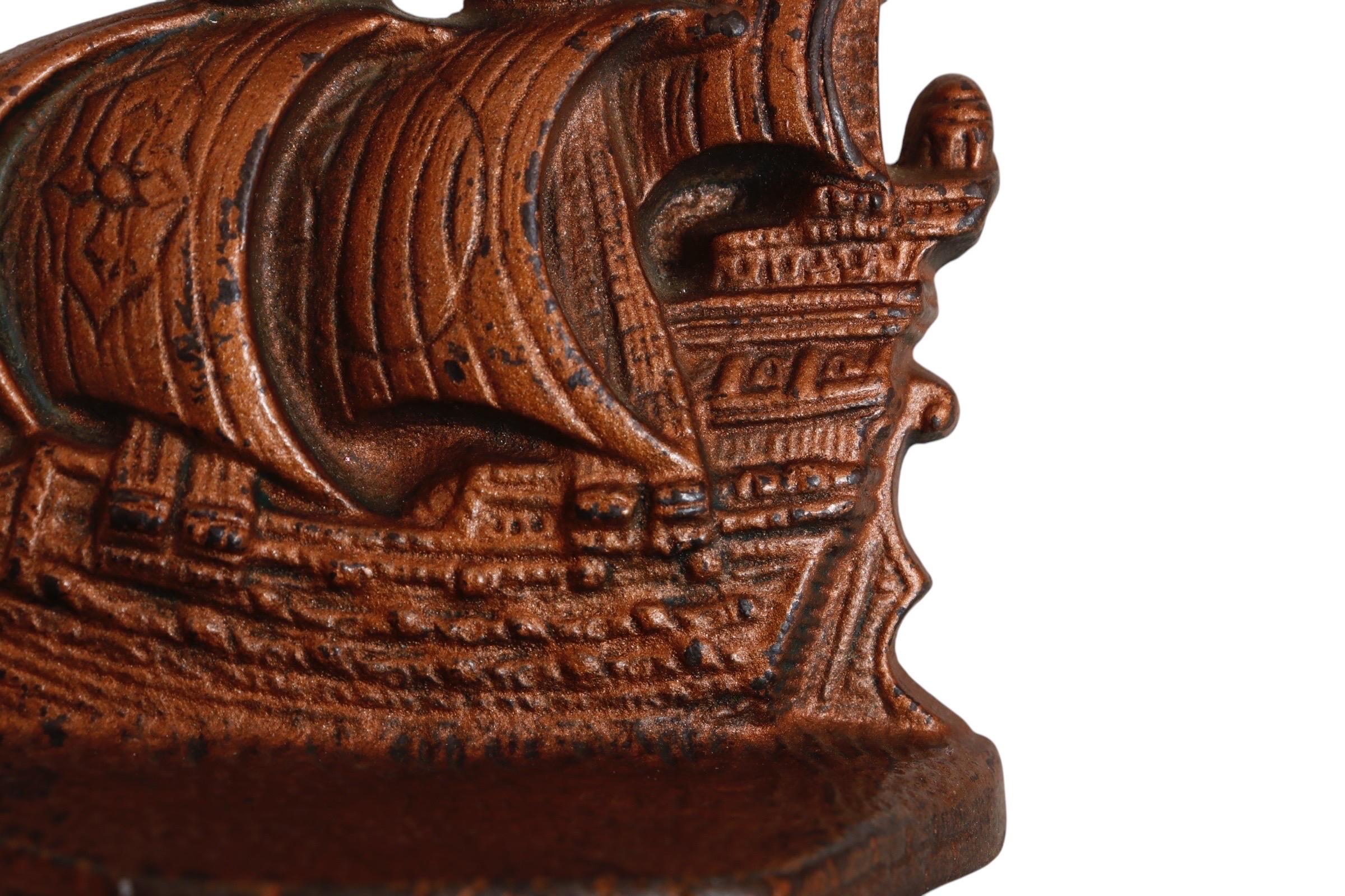 1930’s Cast Iron Carrack Ship Bookends - a Pair In Good Condition For Sale In Bradenton, FL