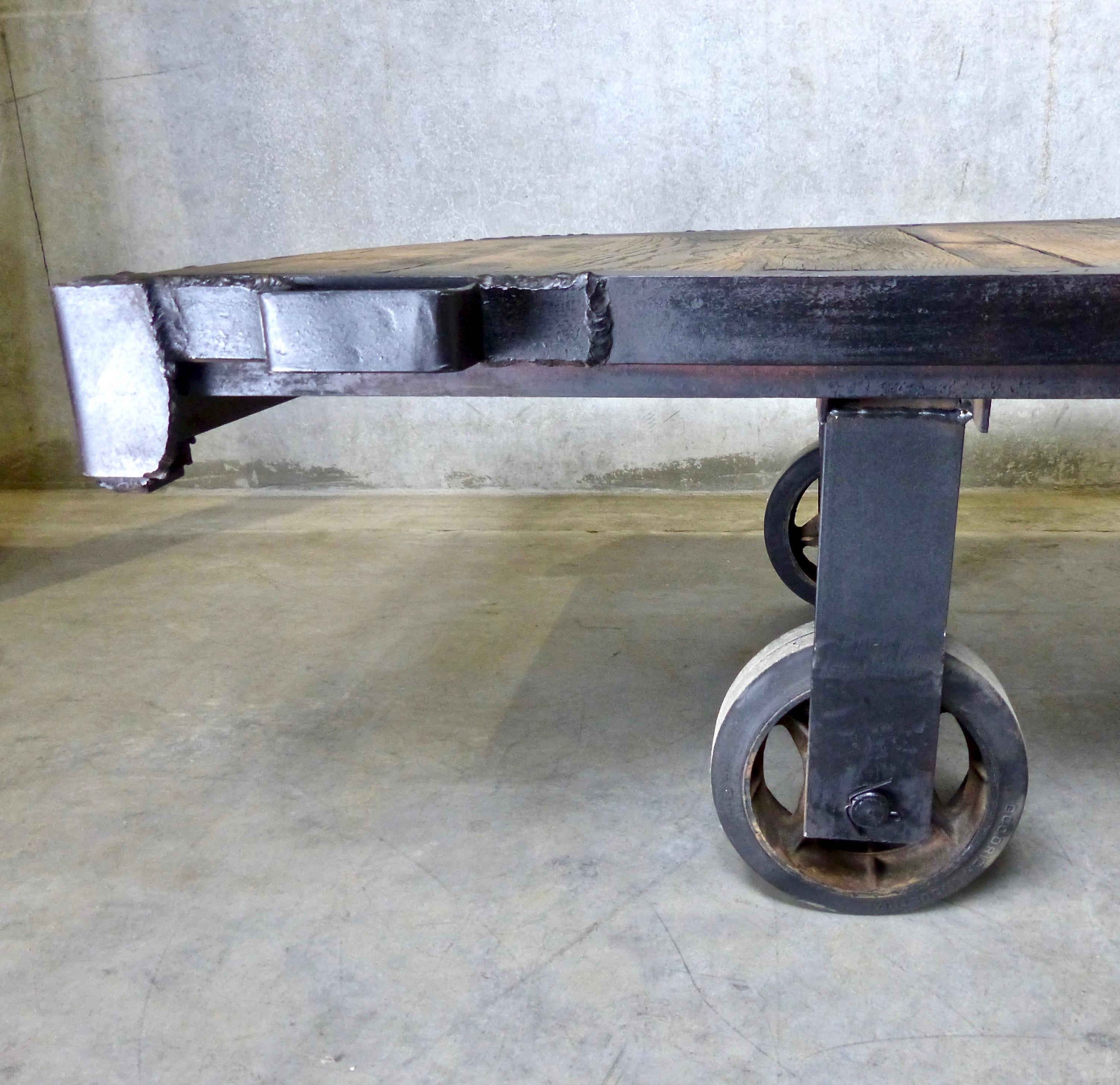 American 1930s Cast Iron Rolling Industrial Cart Pallet Table
