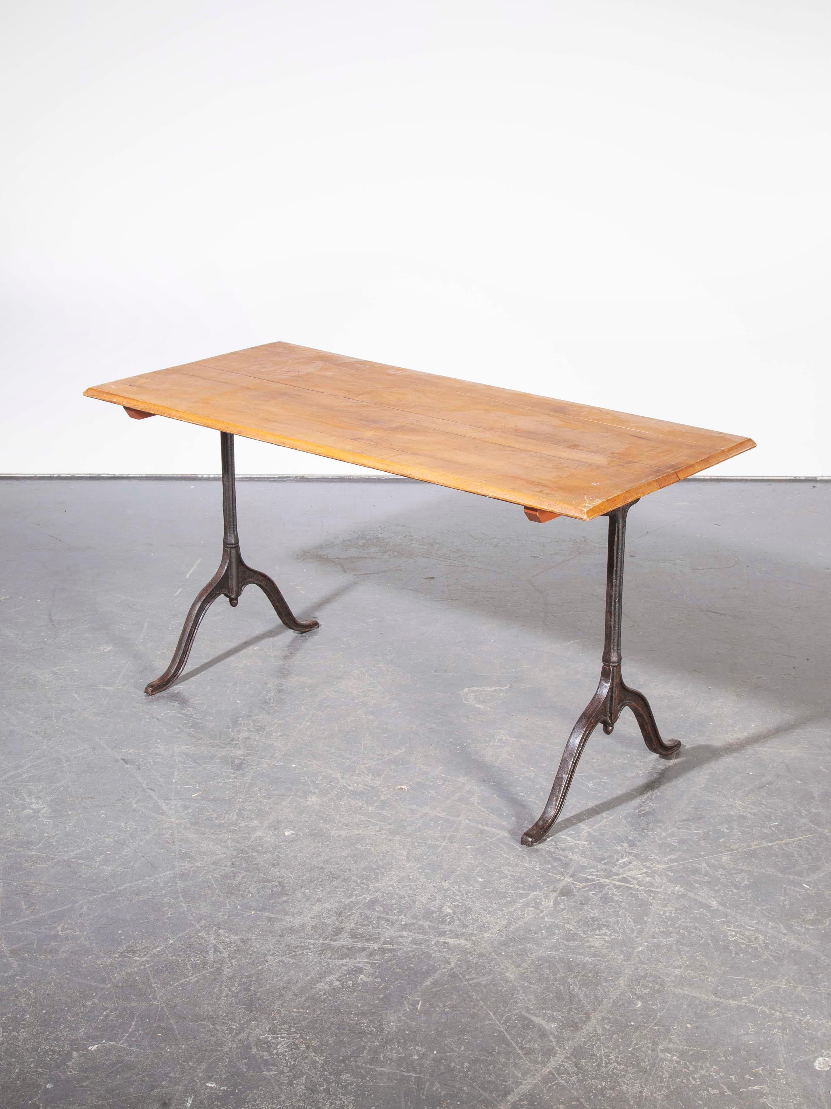 1930s cast metal base Kronenbourg café dining – bistro table – model three. Four tables are available, this is a listing for one table as photographed. Sourced from the original Kronenbourg site in Alsace, these were found languishing in a disused