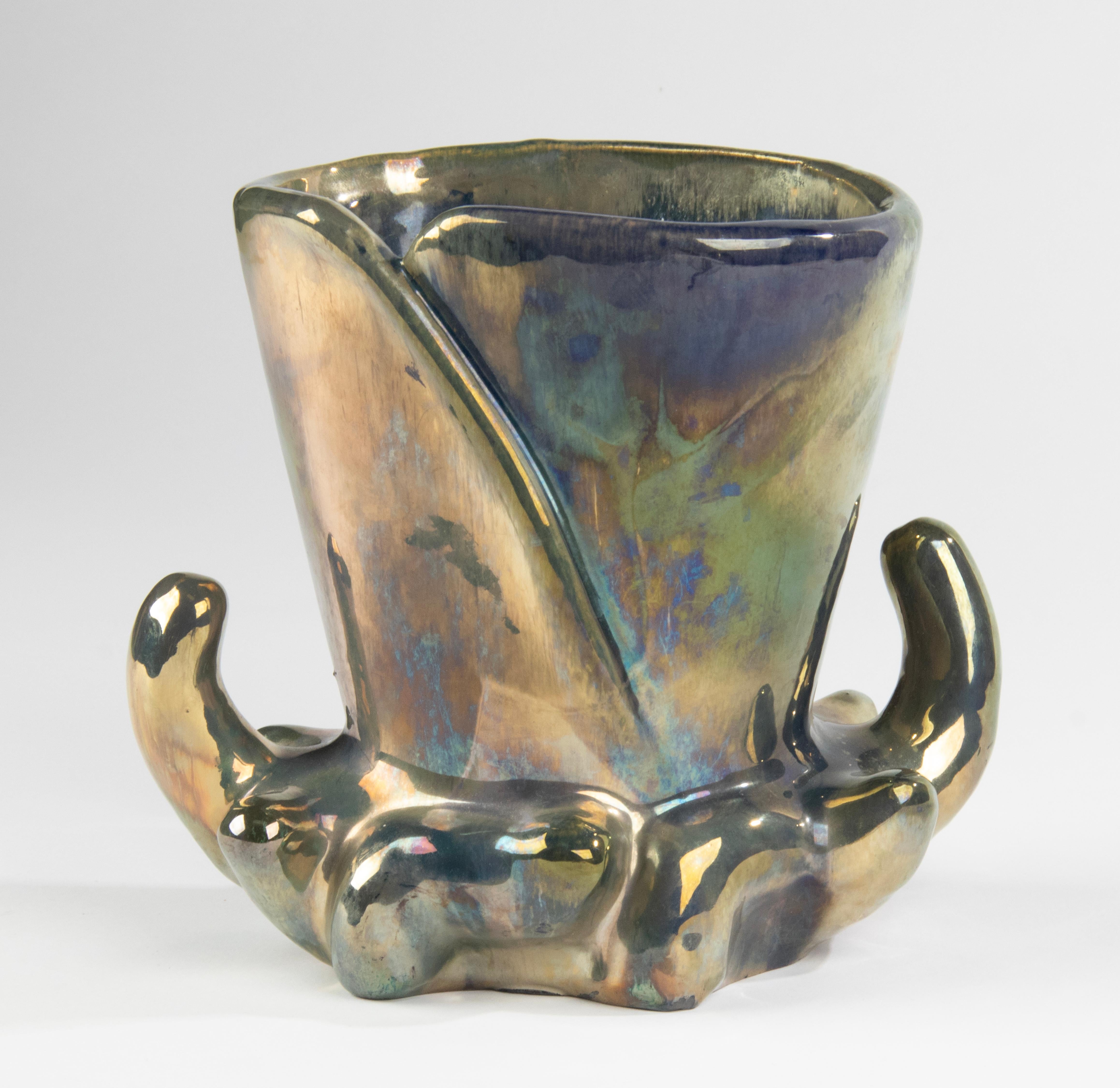 Fait main Vase en céramique Art Déco des années 1930 avec glaçure irisée - Rambervilliers France en vente