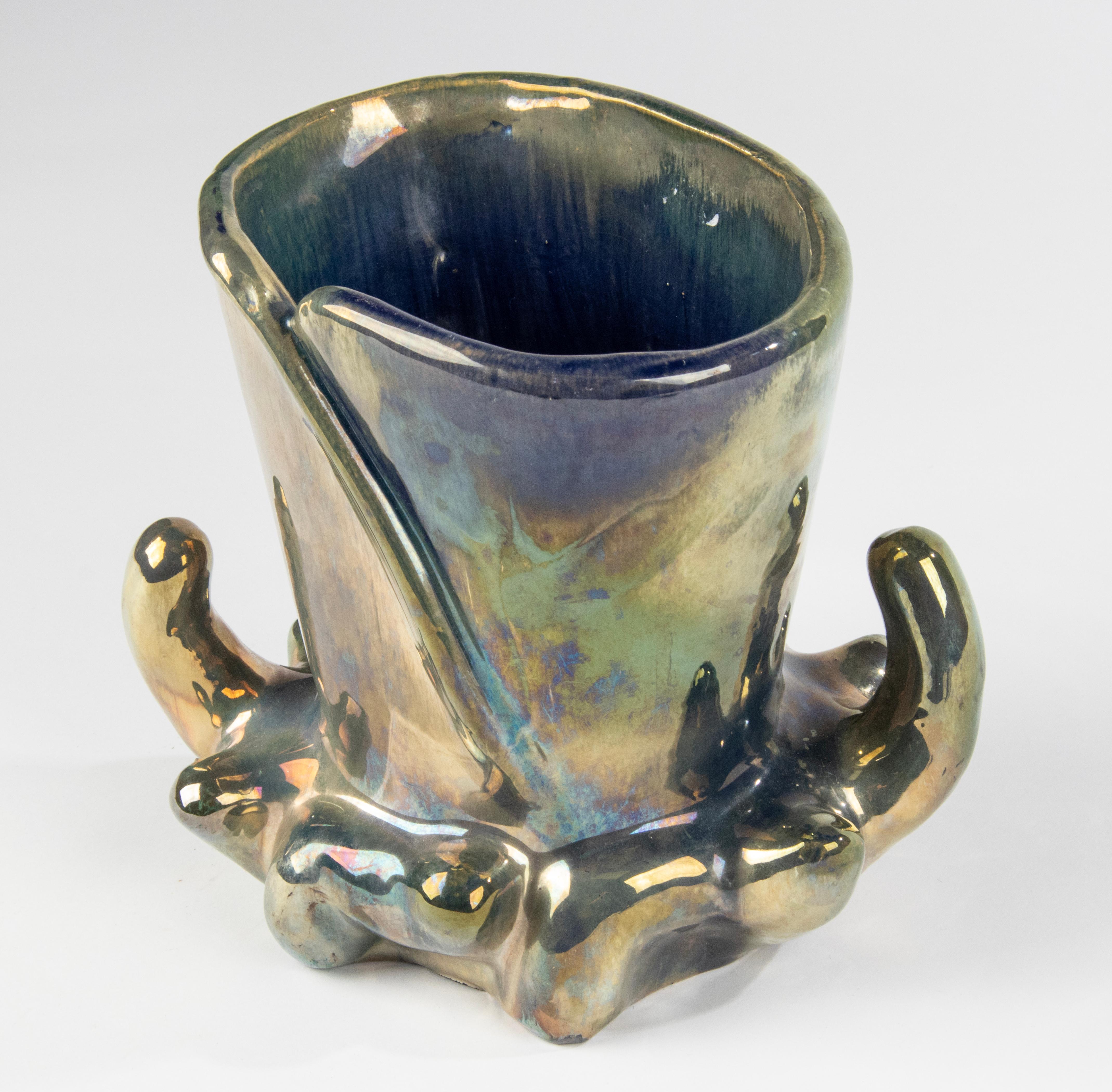 1930s Ceramic Art Deco Vase with Iridescent Glaze - Rambervilliers France For Sale 2