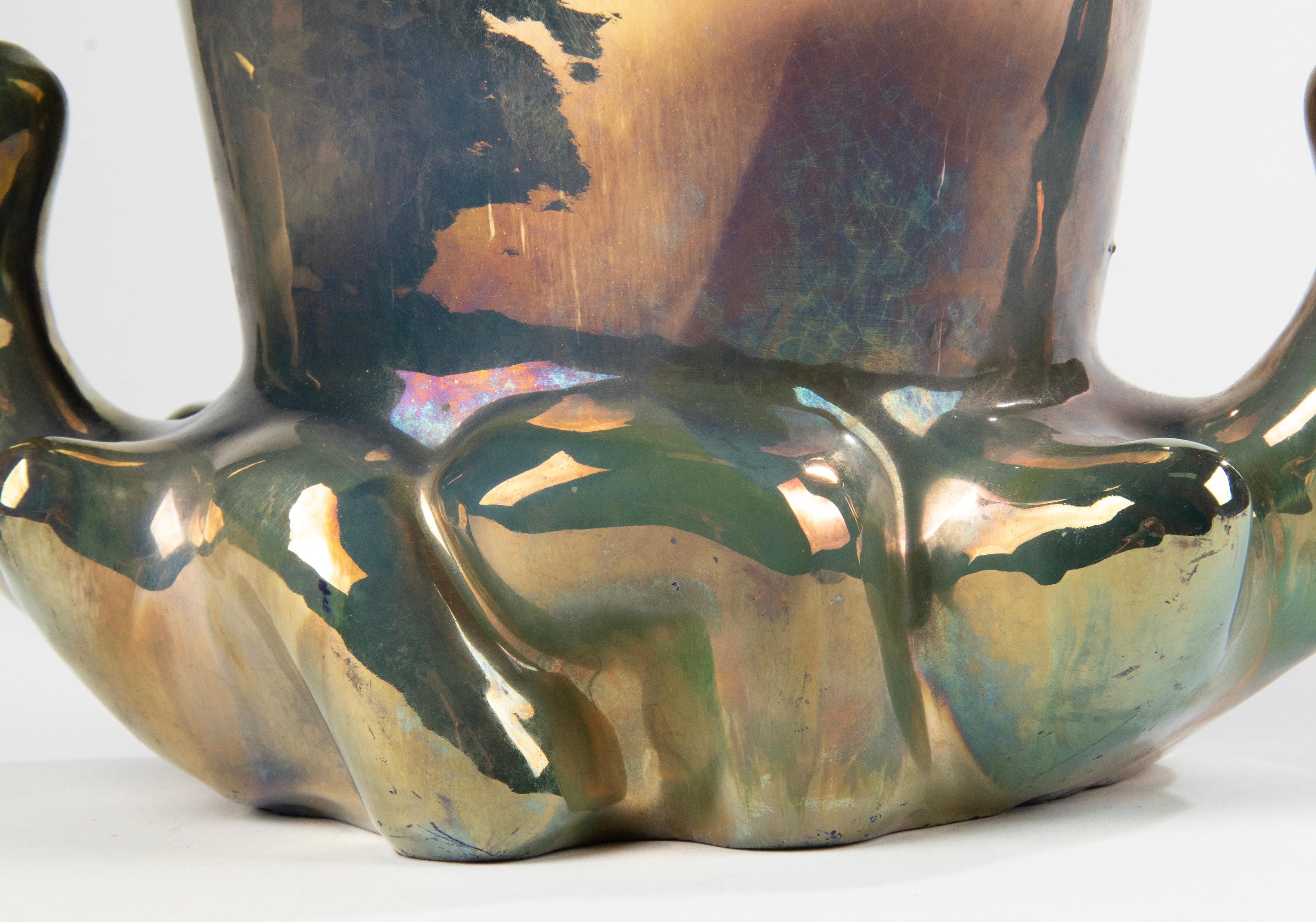 1930s Ceramic Art Deco Vase with Iridescent Glaze - Rambervilliers France For Sale 3