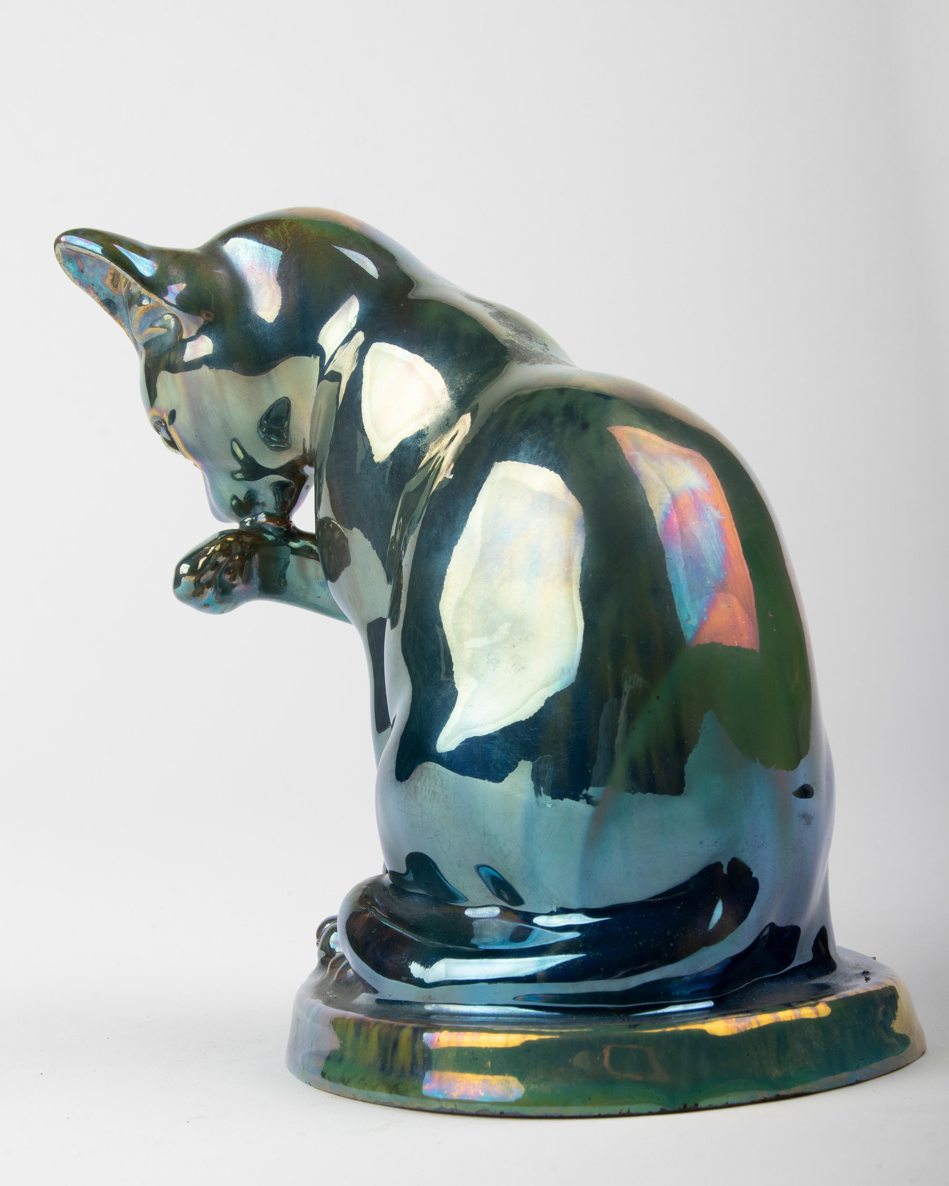 Keramik-Katze-Figur aus den 1930er Jahren mit schillernder Glasur, Alpaka. Cytère Rambervilliers im Angebot 3