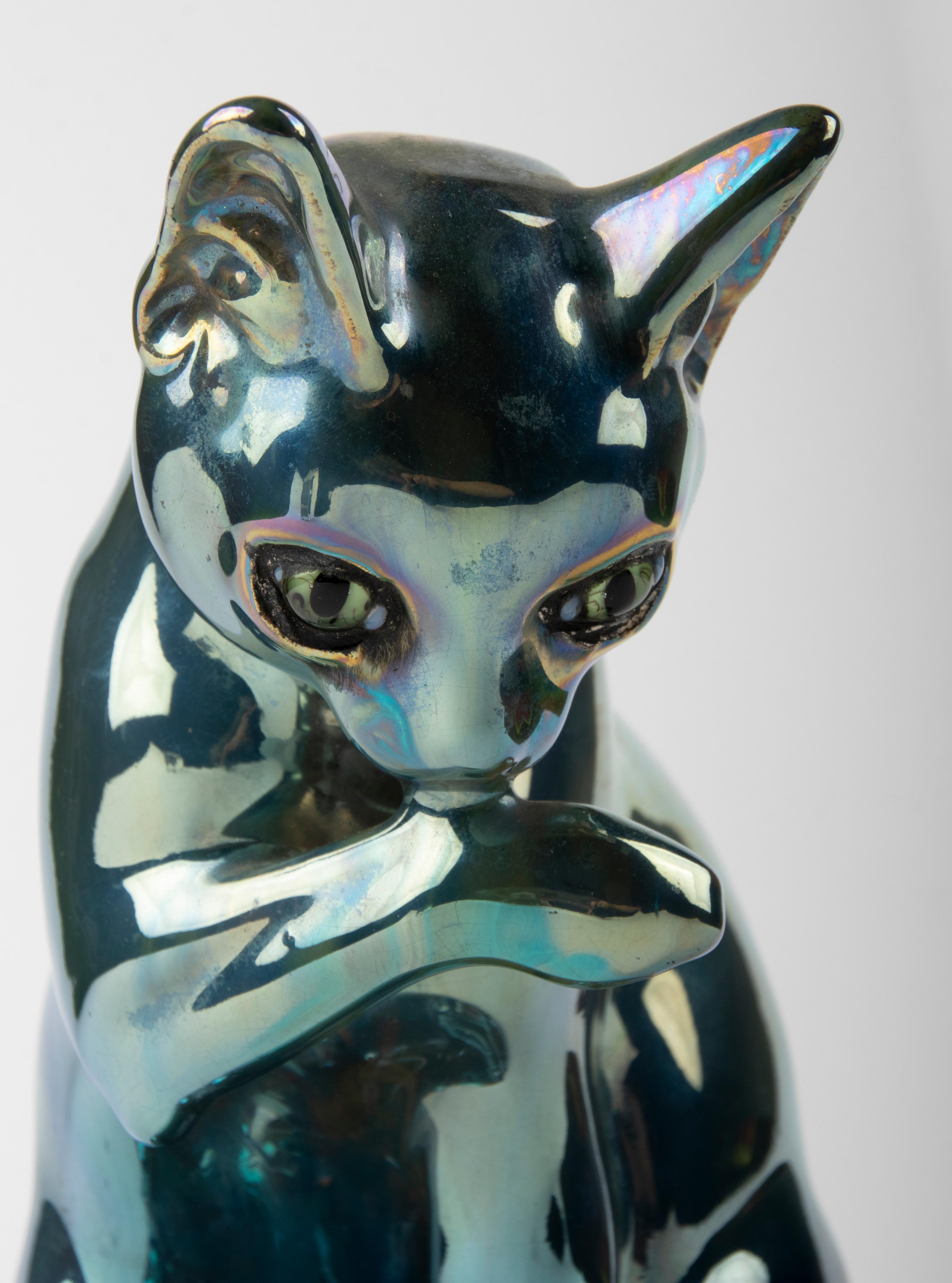 Keramik-Katze-Figur aus den 1930er Jahren mit schillernder Glasur, Alpaka. Cytère Rambervilliers im Angebot 5