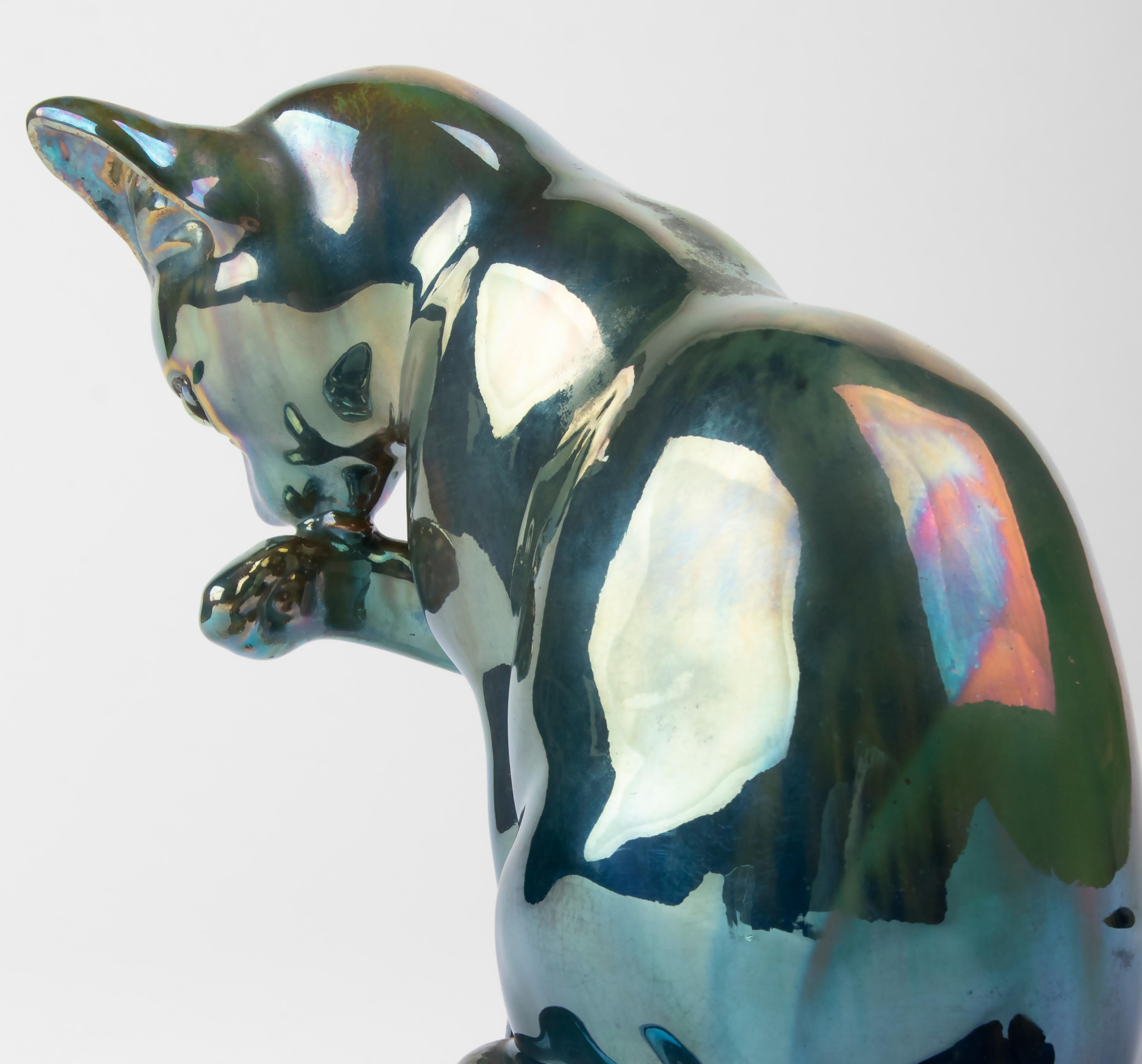 Keramik-Katze-Figur aus den 1930er Jahren mit schillernder Glasur, Alpaka. Cytère Rambervilliers im Angebot 6
